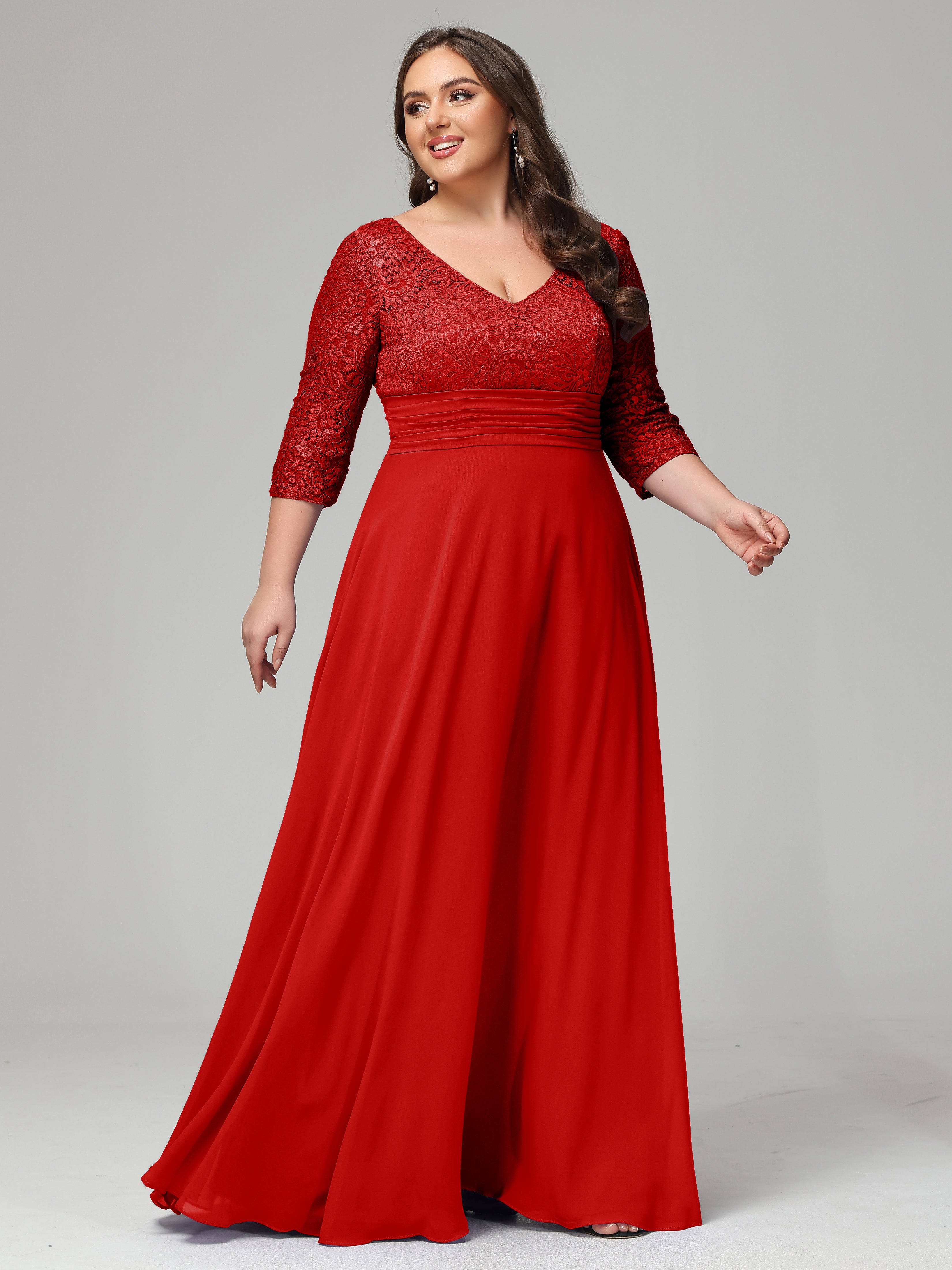 V-Neck Long Sleeves Lace Plus Size Bridesmaid Dresses