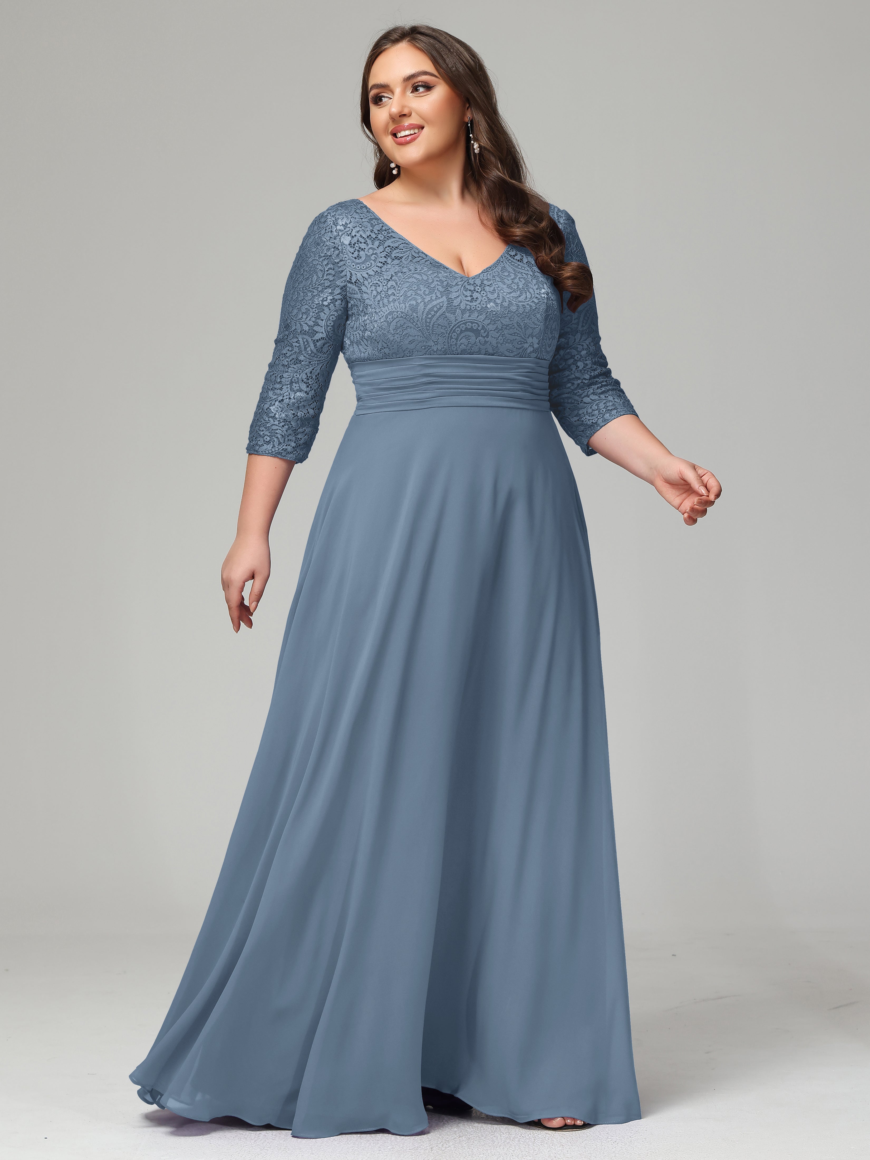 V-Neck Long Sleeves Lace Plus Size Bridesmaid Dresses