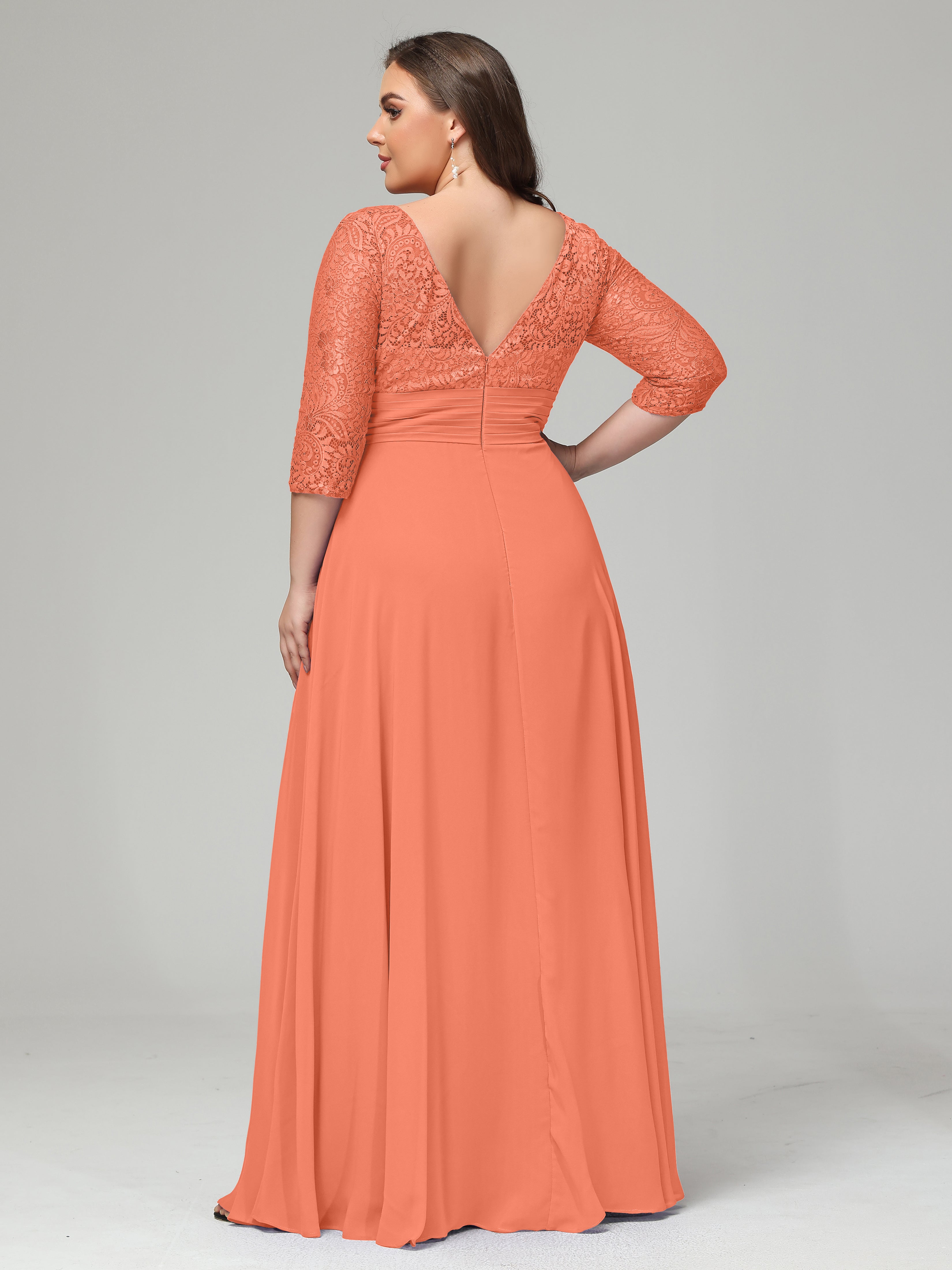 V-Neck Long Sleeves Lace Plus Size Bridesmaid Dresses