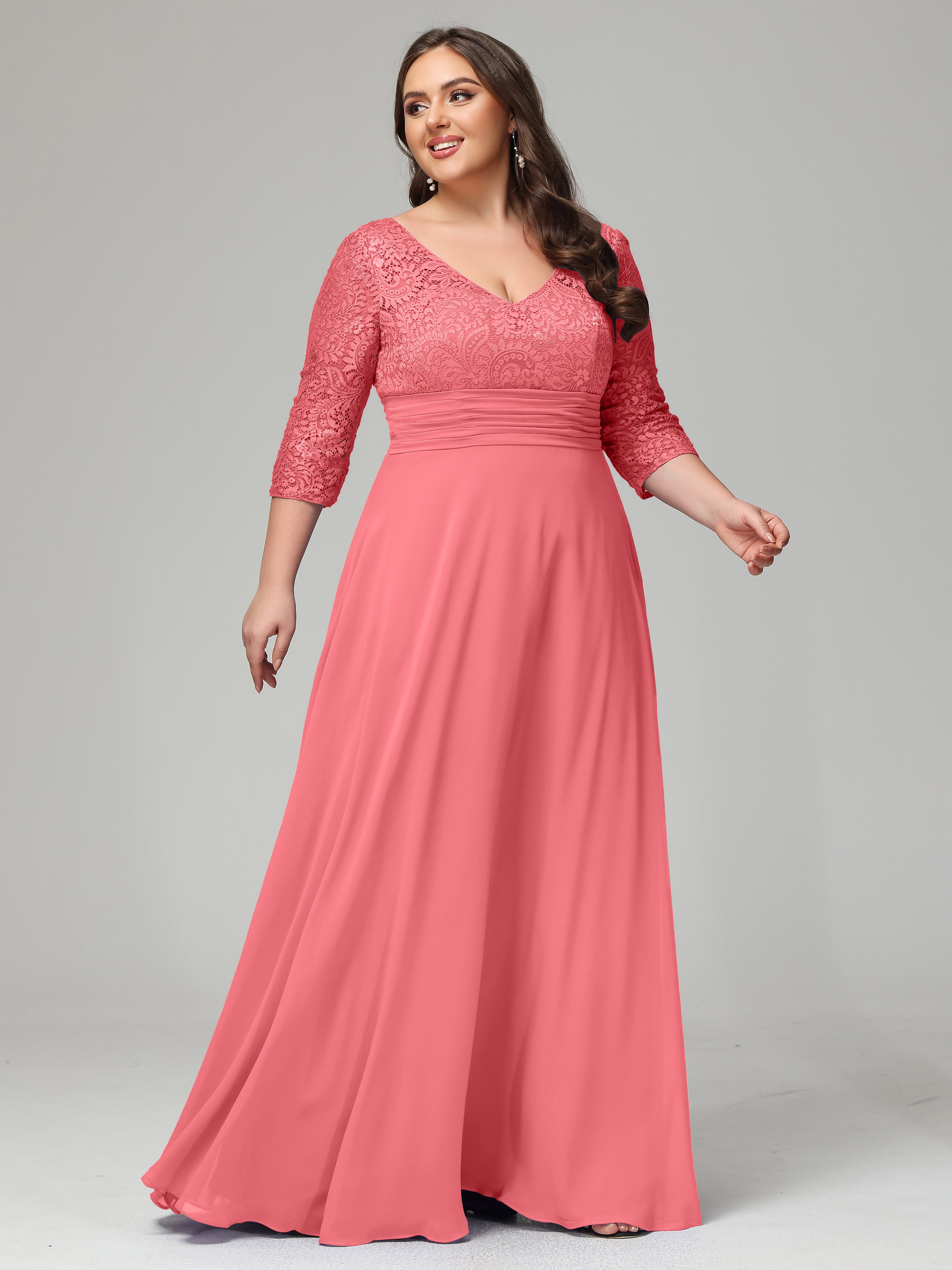 V-Neck Long Sleeves Lace Plus Size Bridesmaid Dresses