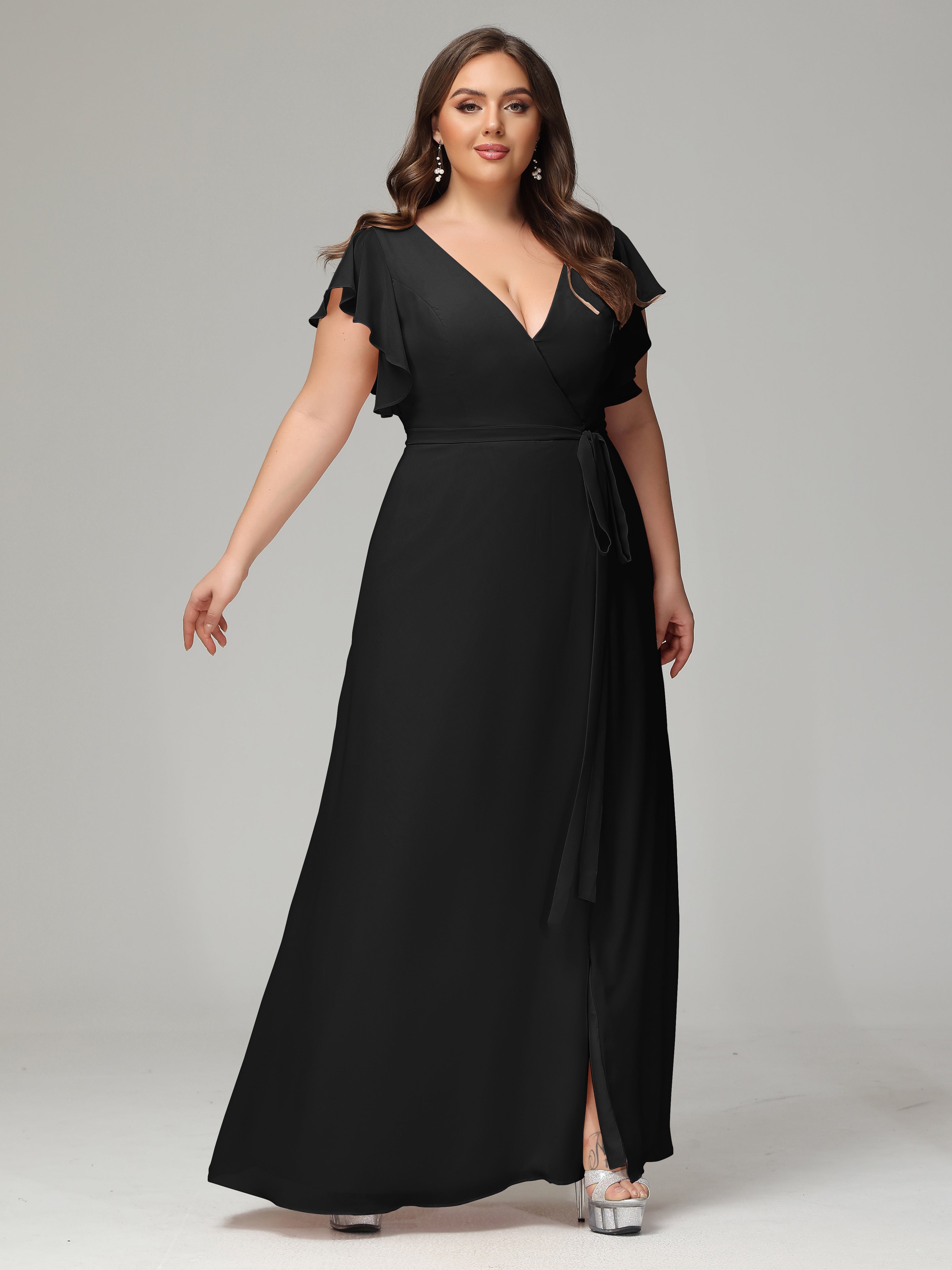 V-neck & Ruffled Sleeves Chiffon Bridesmaid Dress Plus Size