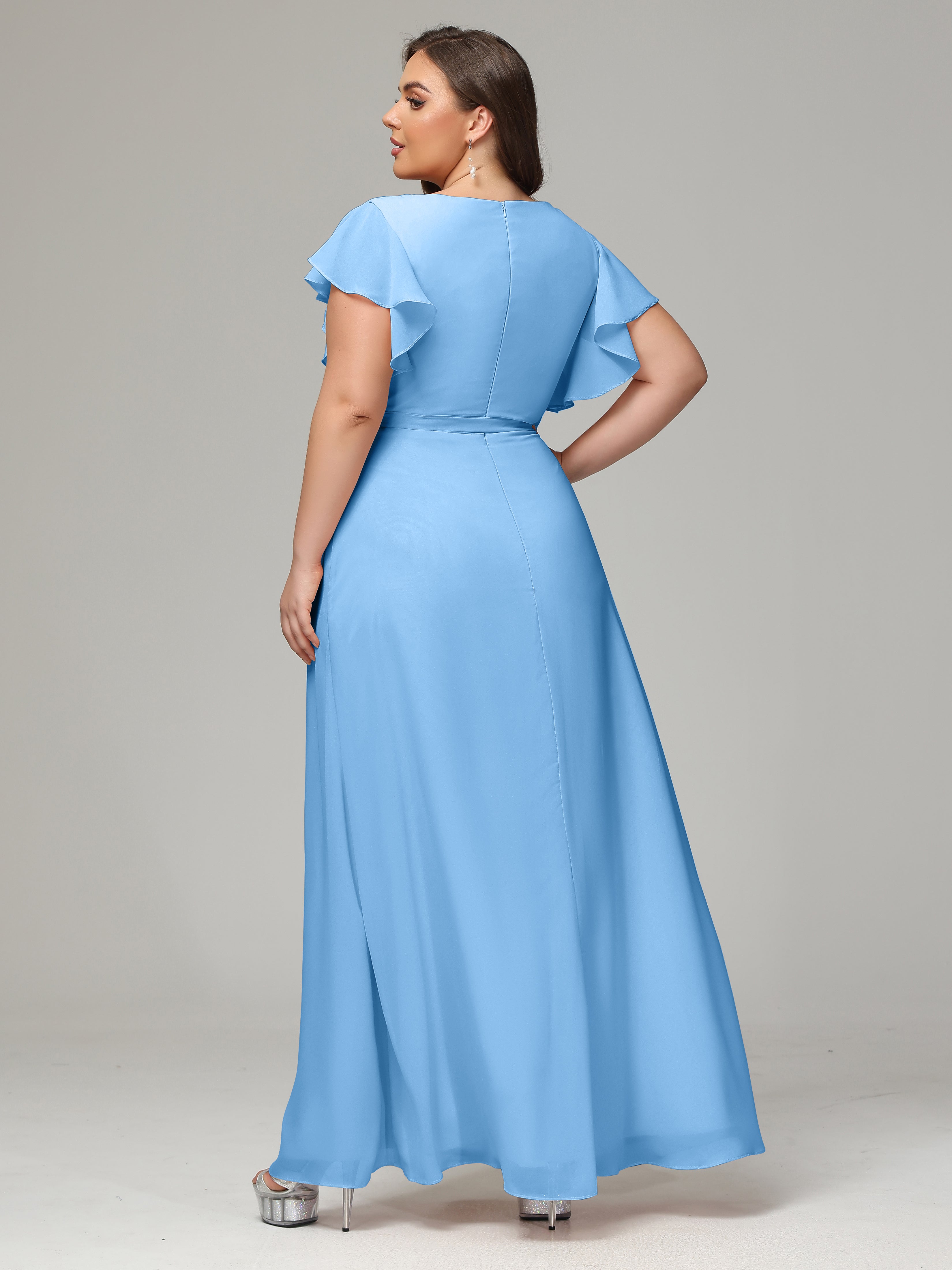 V-neck & Ruffled Sleeves Chiffon Bridesmaid Dress Plus Size