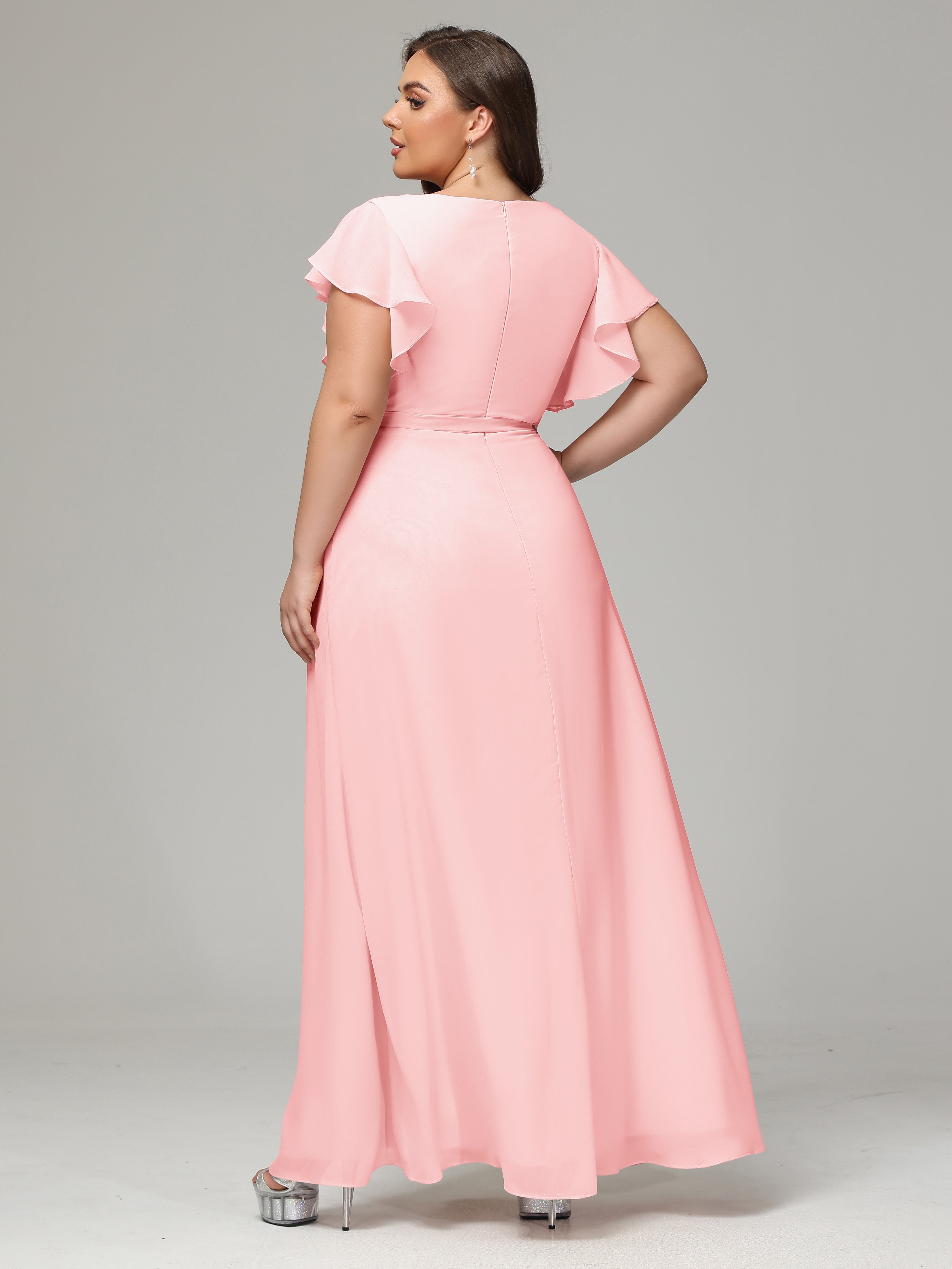 V-neck & Ruffled Sleeves Chiffon Bridesmaid Dress Plus Size