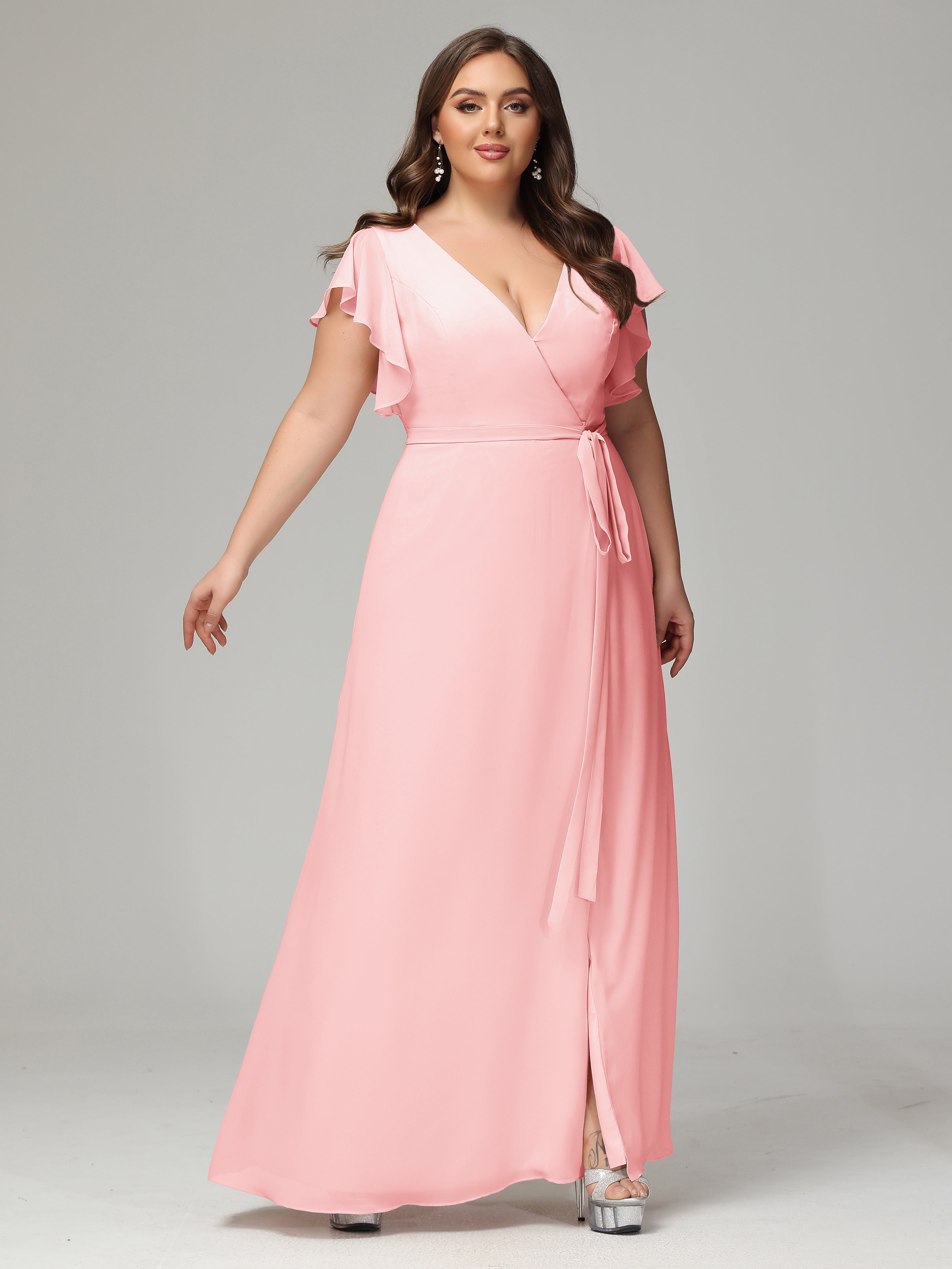 V-neck & Ruffled Sleeves Chiffon Bridesmaid Dress Plus Size