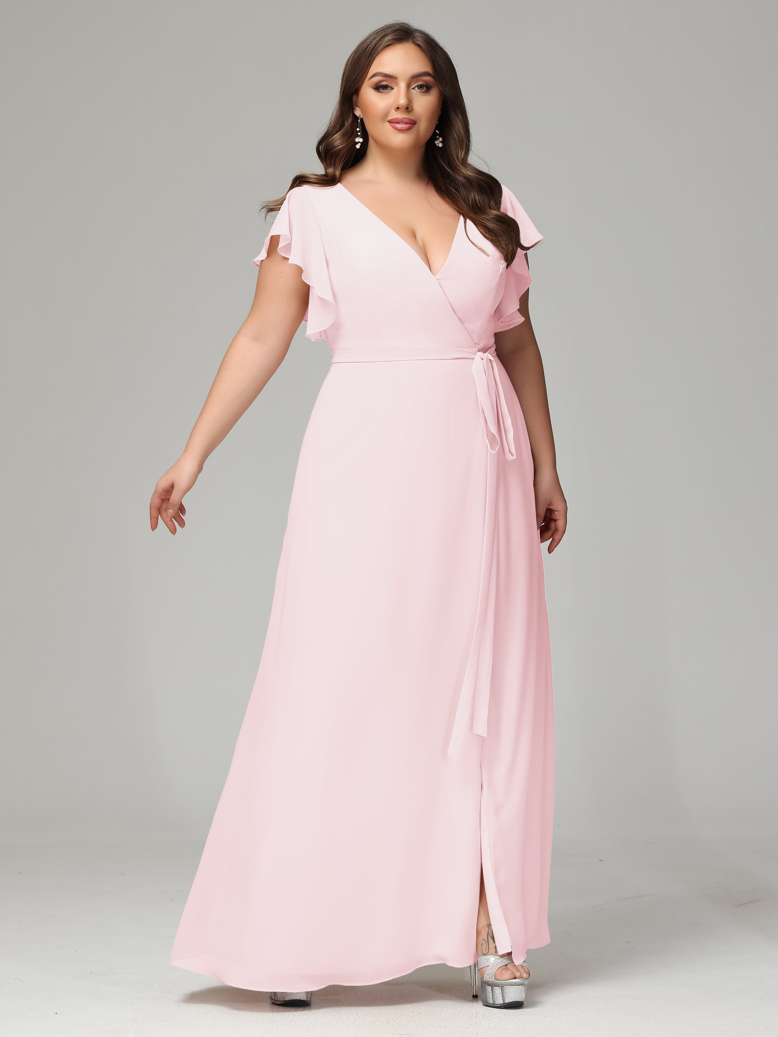 V-neck & Ruffled Sleeves Chiffon Bridesmaid Dress Plus Size