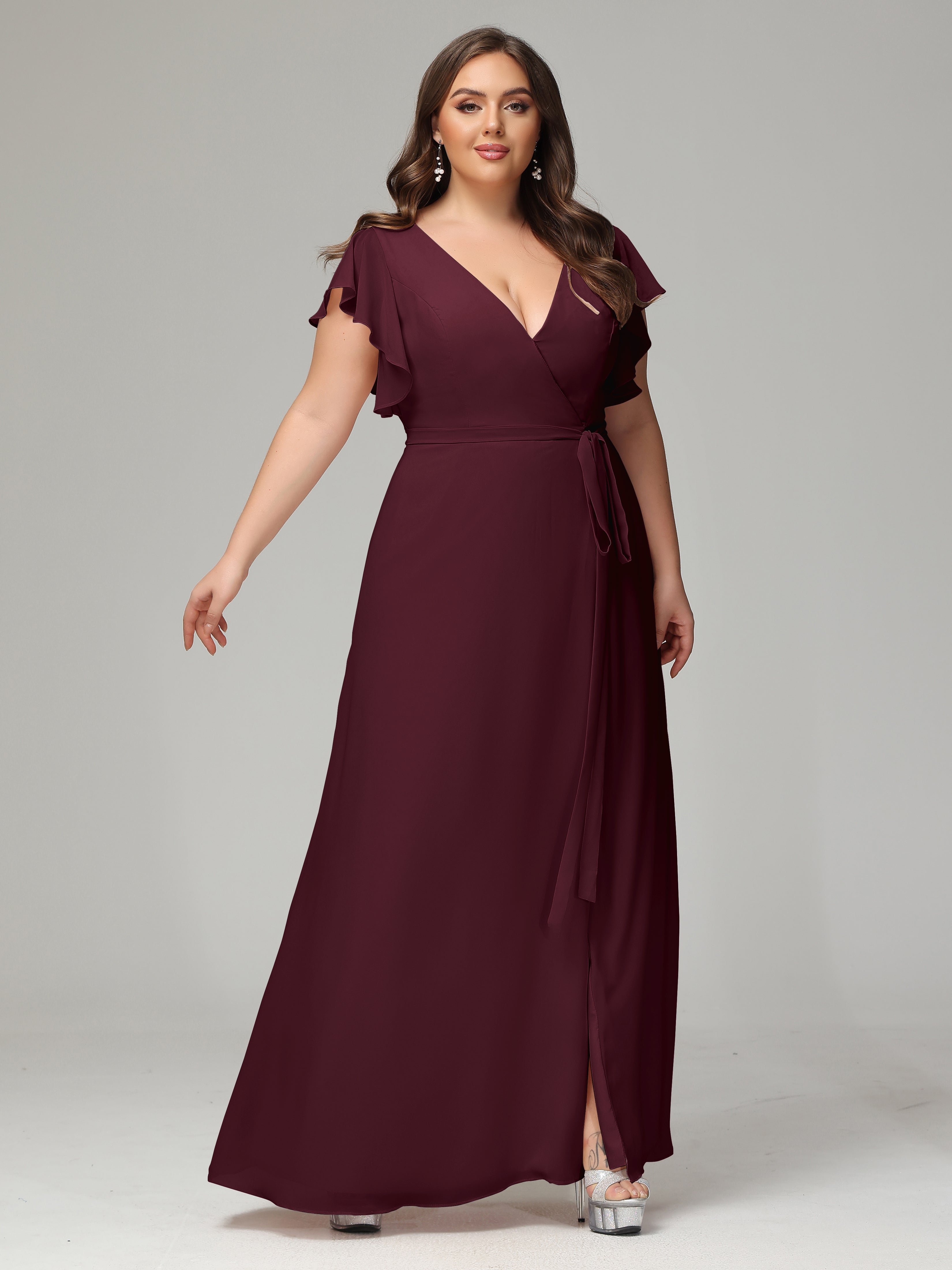 V-neck & Ruffled Sleeves Chiffon Bridesmaid Dress Plus Size