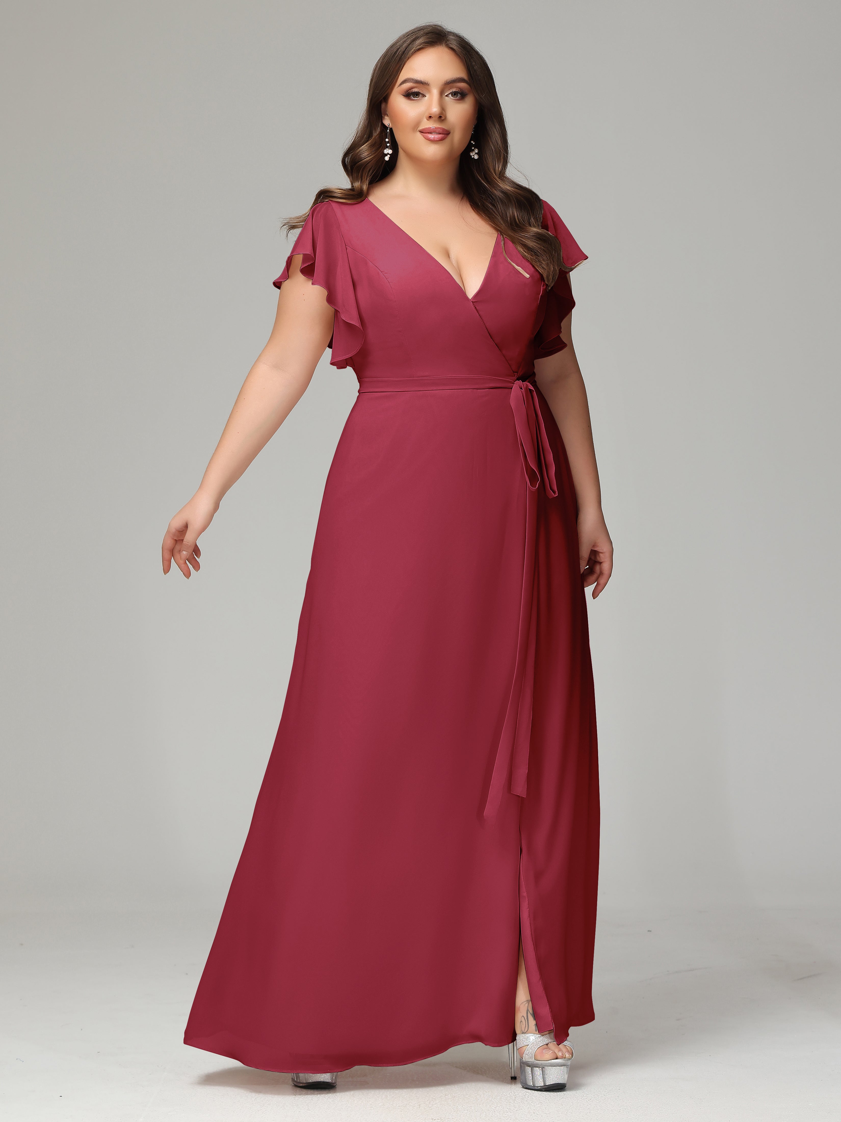 V-neck & Ruffled Sleeves Chiffon Bridesmaid Dress Plus Size