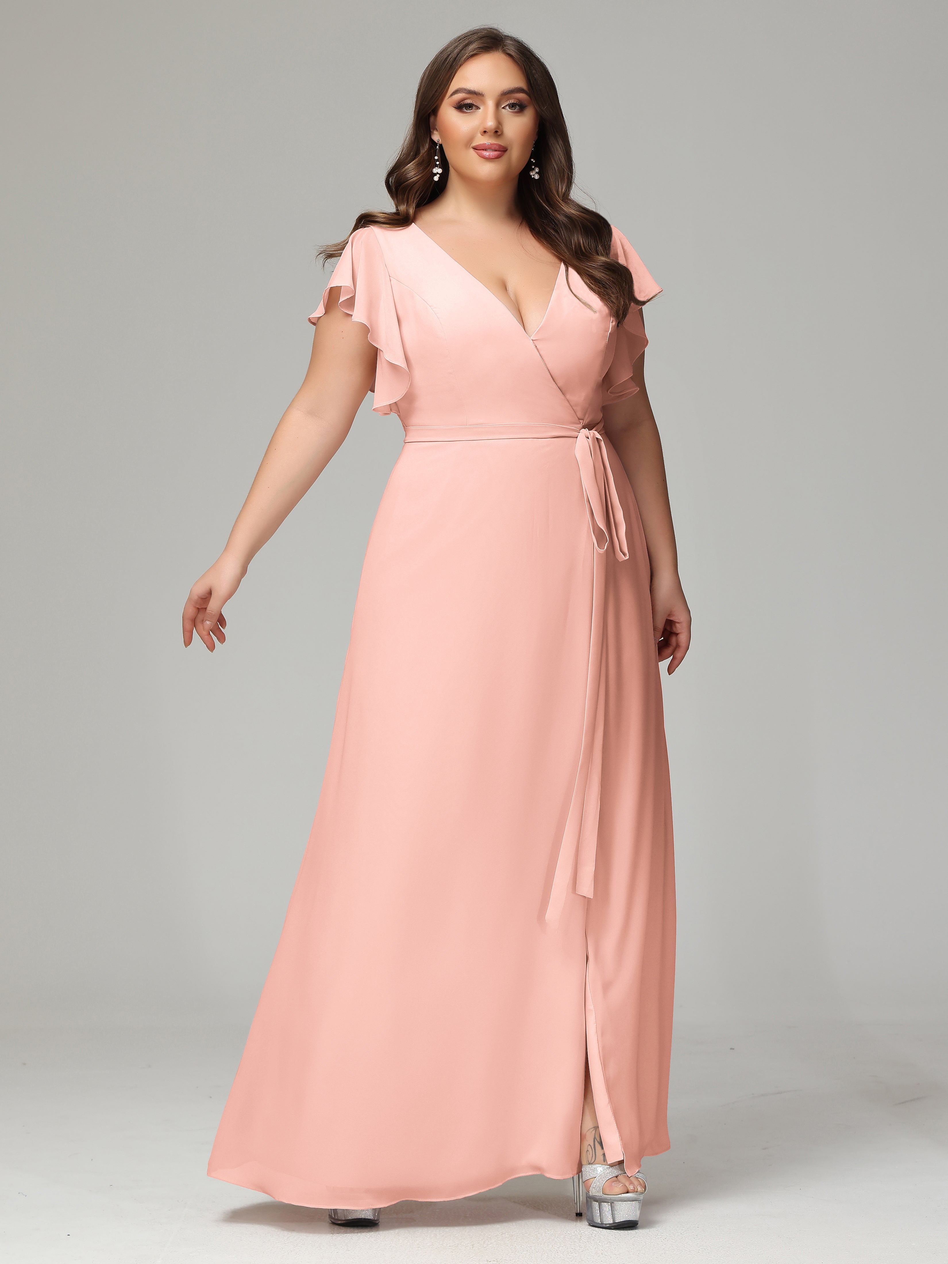 V-neck & Ruffled Sleeves Chiffon Bridesmaid Dress Plus Size