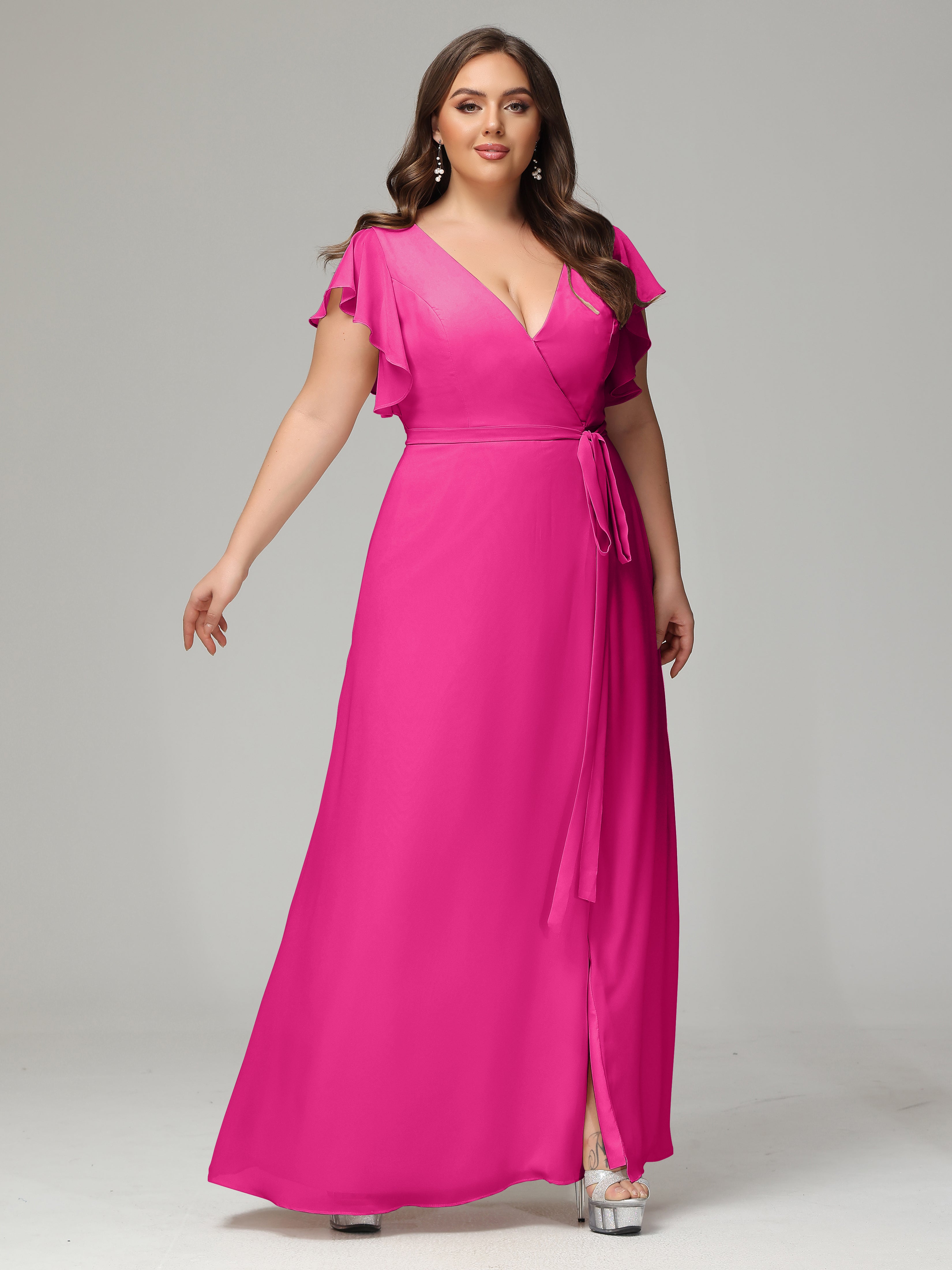 V-neck & Ruffled Sleeves Chiffon Bridesmaid Dress Plus Size