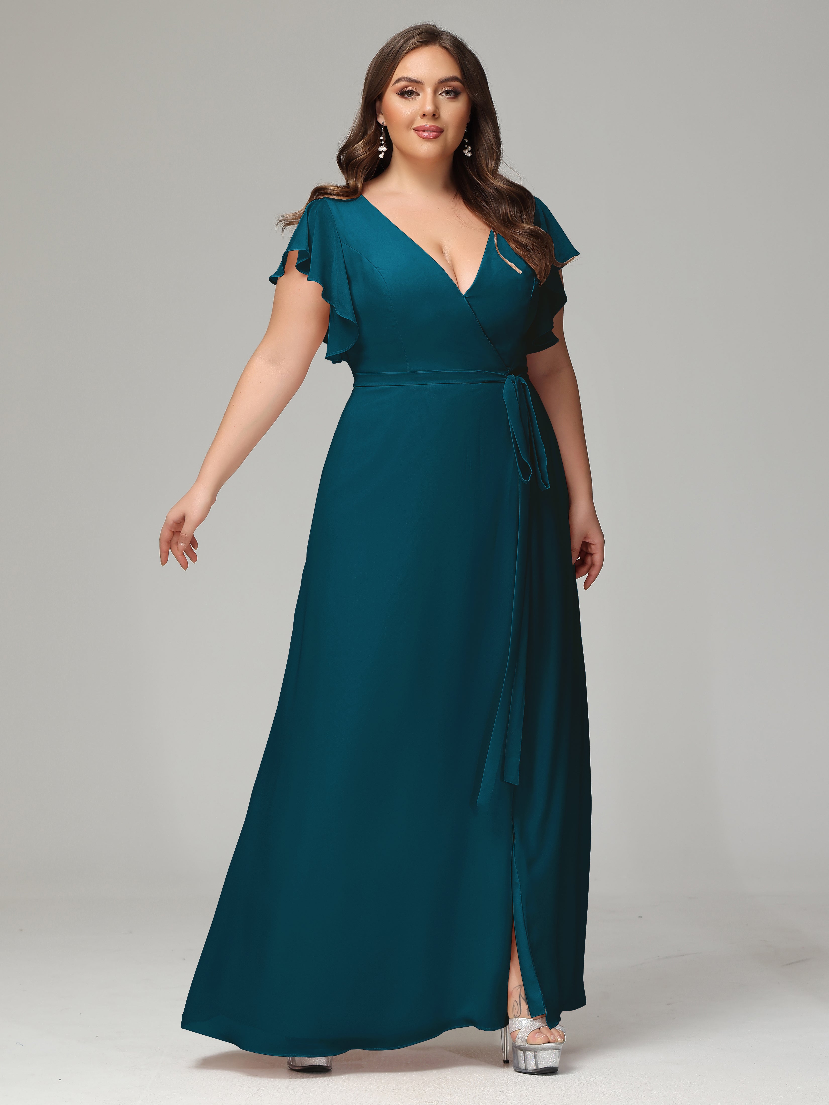 V-neck & Ruffled Sleeves Chiffon Bridesmaid Dress Plus Size