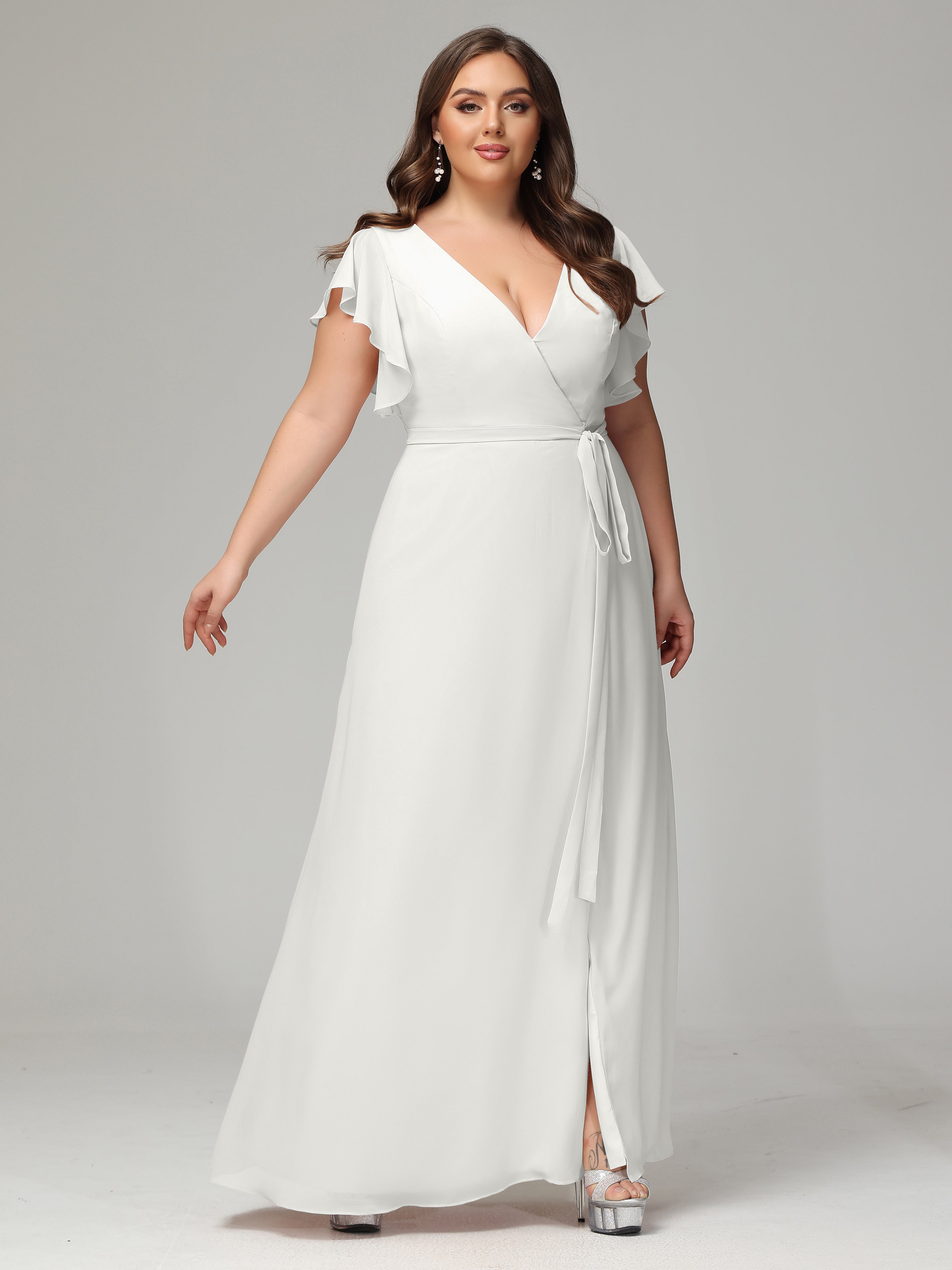 V-neck & Ruffled Sleeves Chiffon Bridesmaid Dress Plus Size