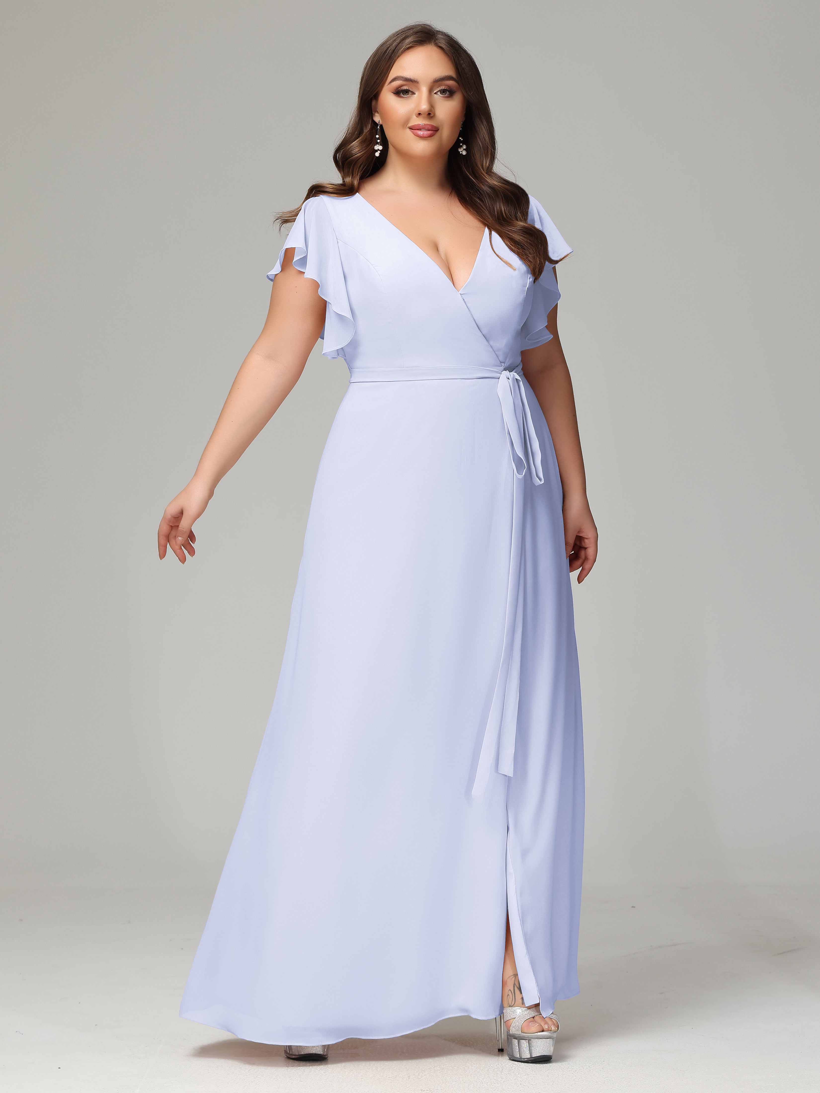 V-neck & Ruffled Sleeves Chiffon Bridesmaid Dress Plus Size