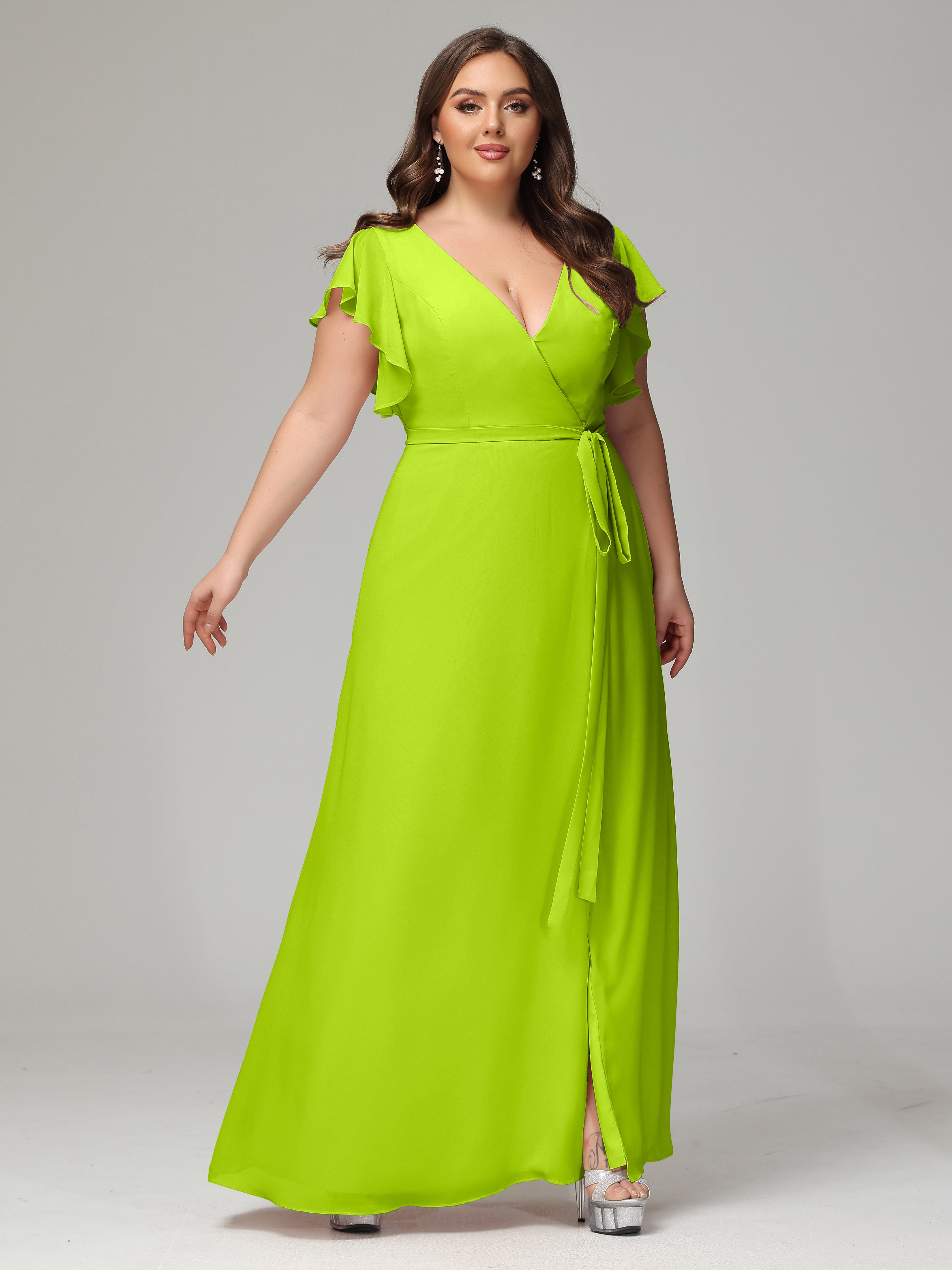 V-neck & Ruffled Sleeves Chiffon Bridesmaid Dress Plus Size