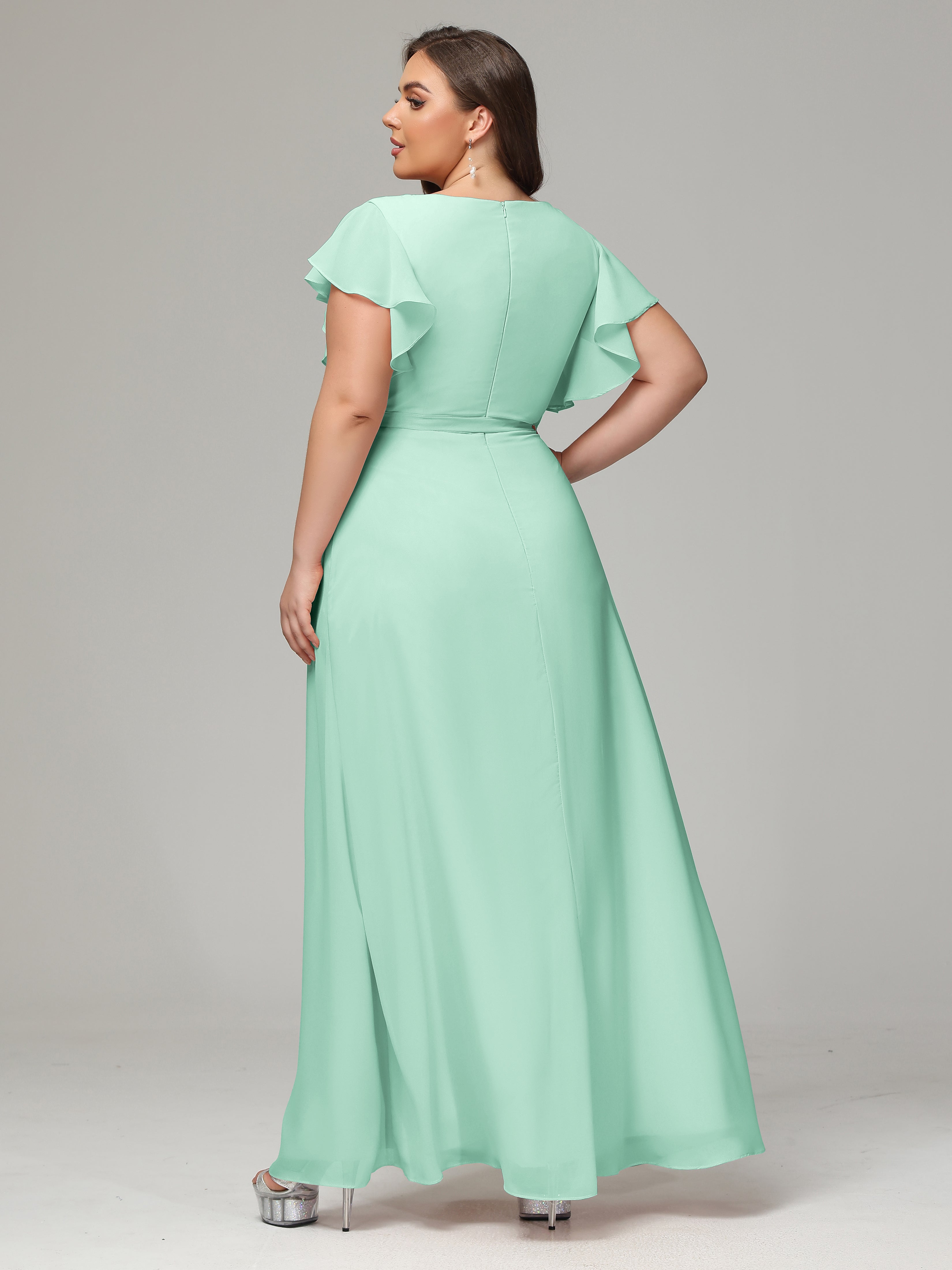 V-neck & Ruffled Sleeves Chiffon Bridesmaid Dress Plus Size