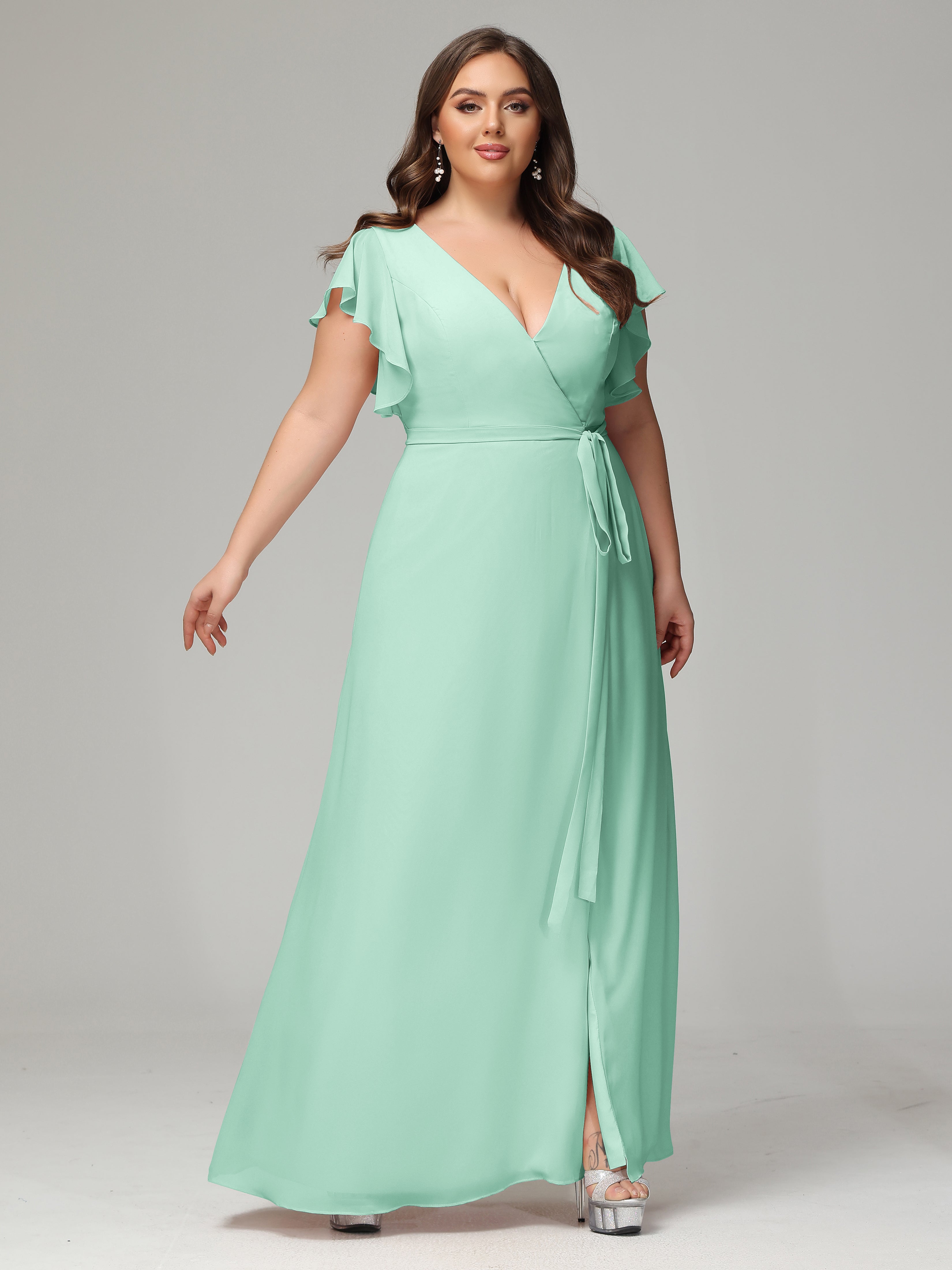 V-neck & Ruffled Sleeves Chiffon Bridesmaid Dress Plus Size