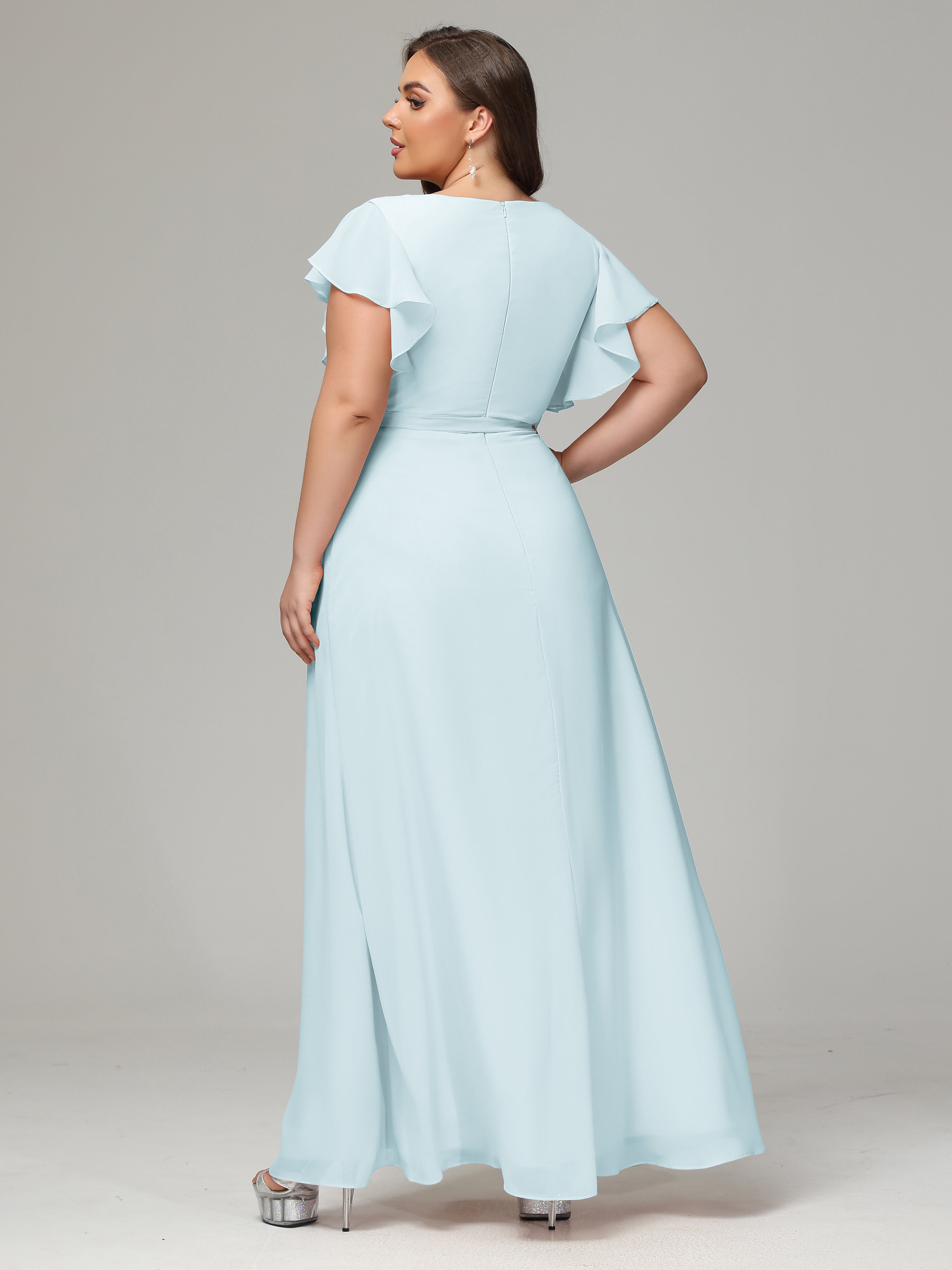 V-neck & Ruffled Sleeves Chiffon Bridesmaid Dress Plus Size