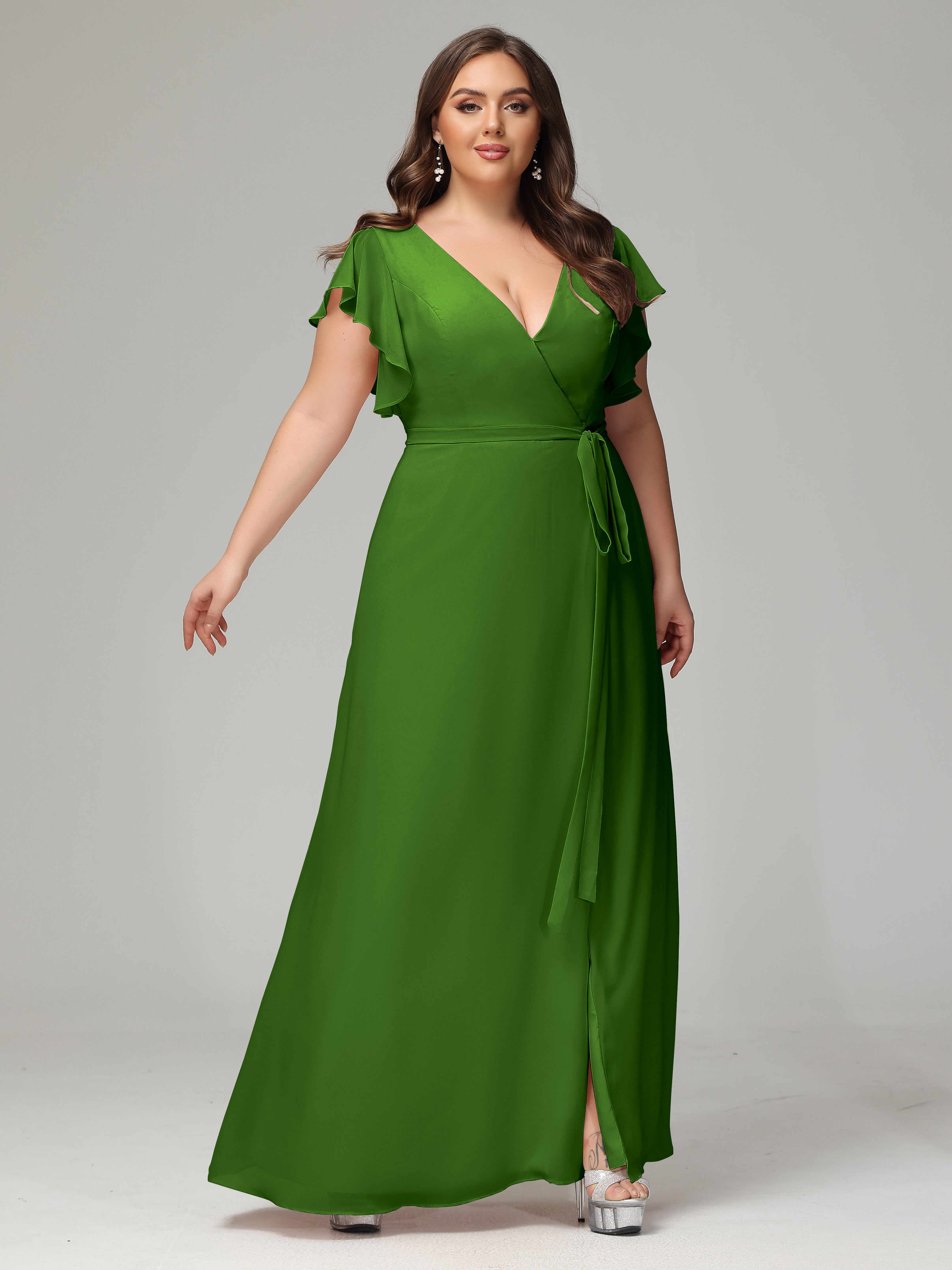 V-neck & Ruffled Sleeves Chiffon Bridesmaid Dress Plus Size