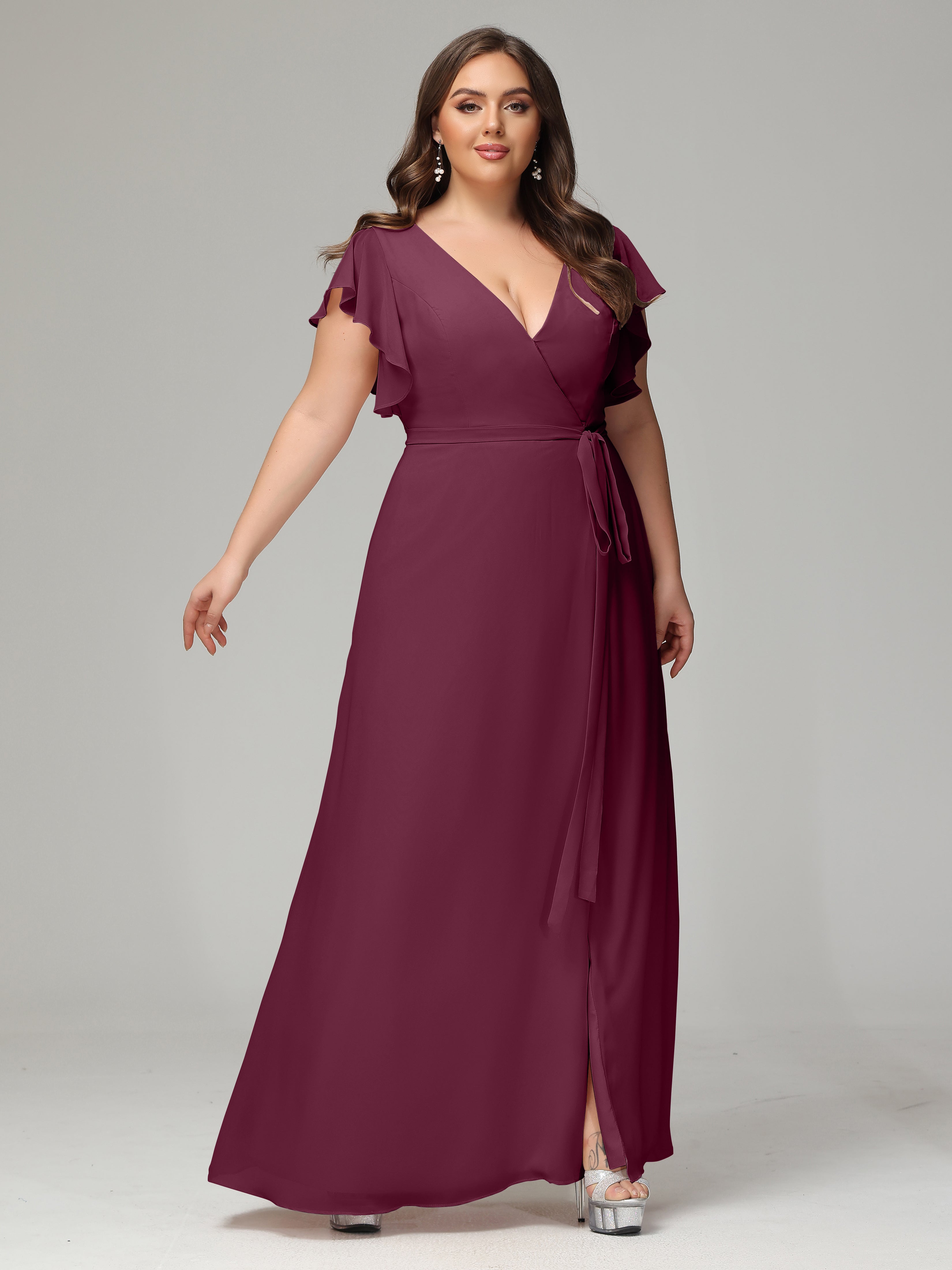 V-neck & Ruffled Sleeves Chiffon Bridesmaid Dress Plus Size