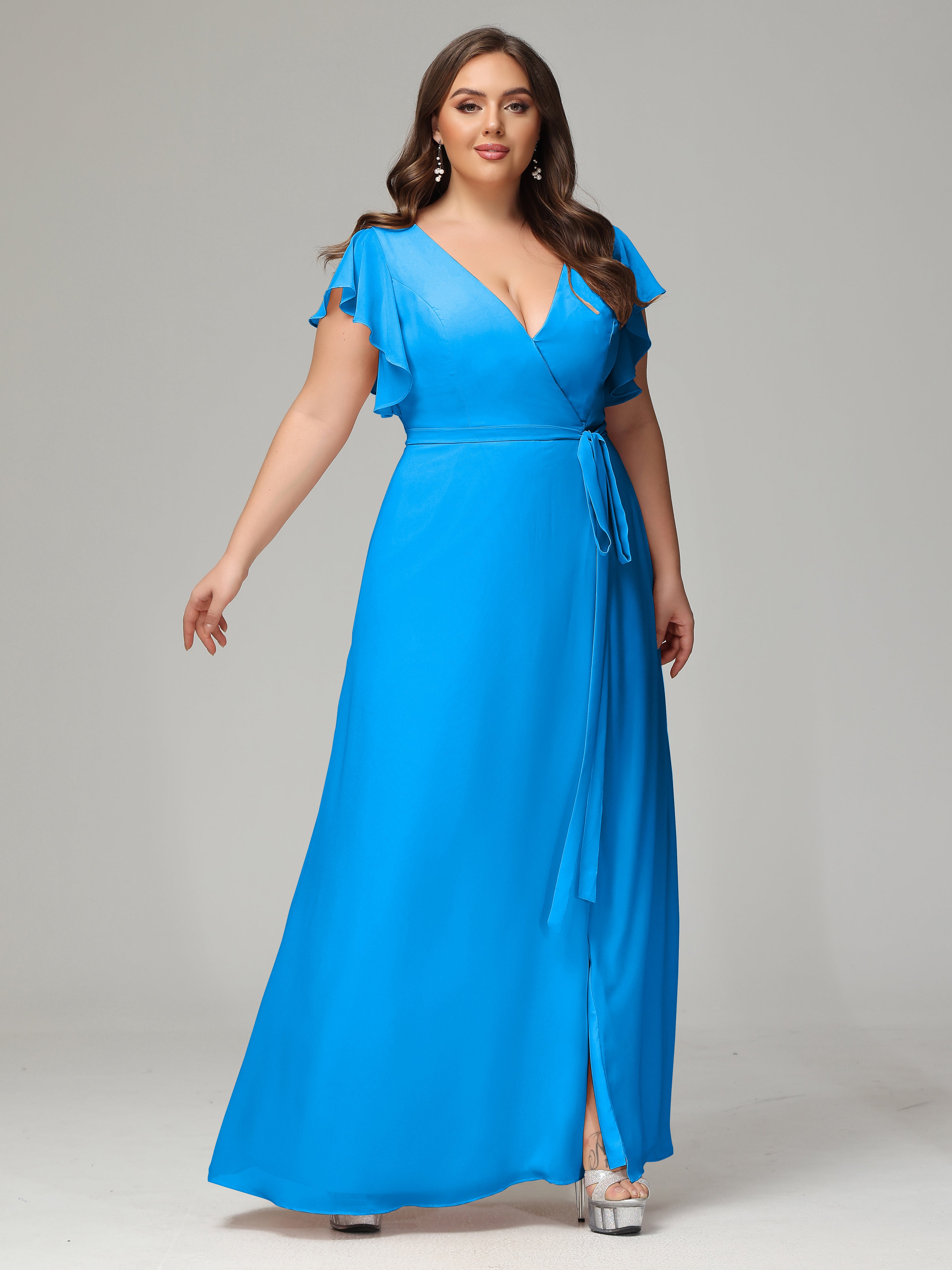 V-neck & Ruffled Sleeves Chiffon Bridesmaid Dress Plus Size