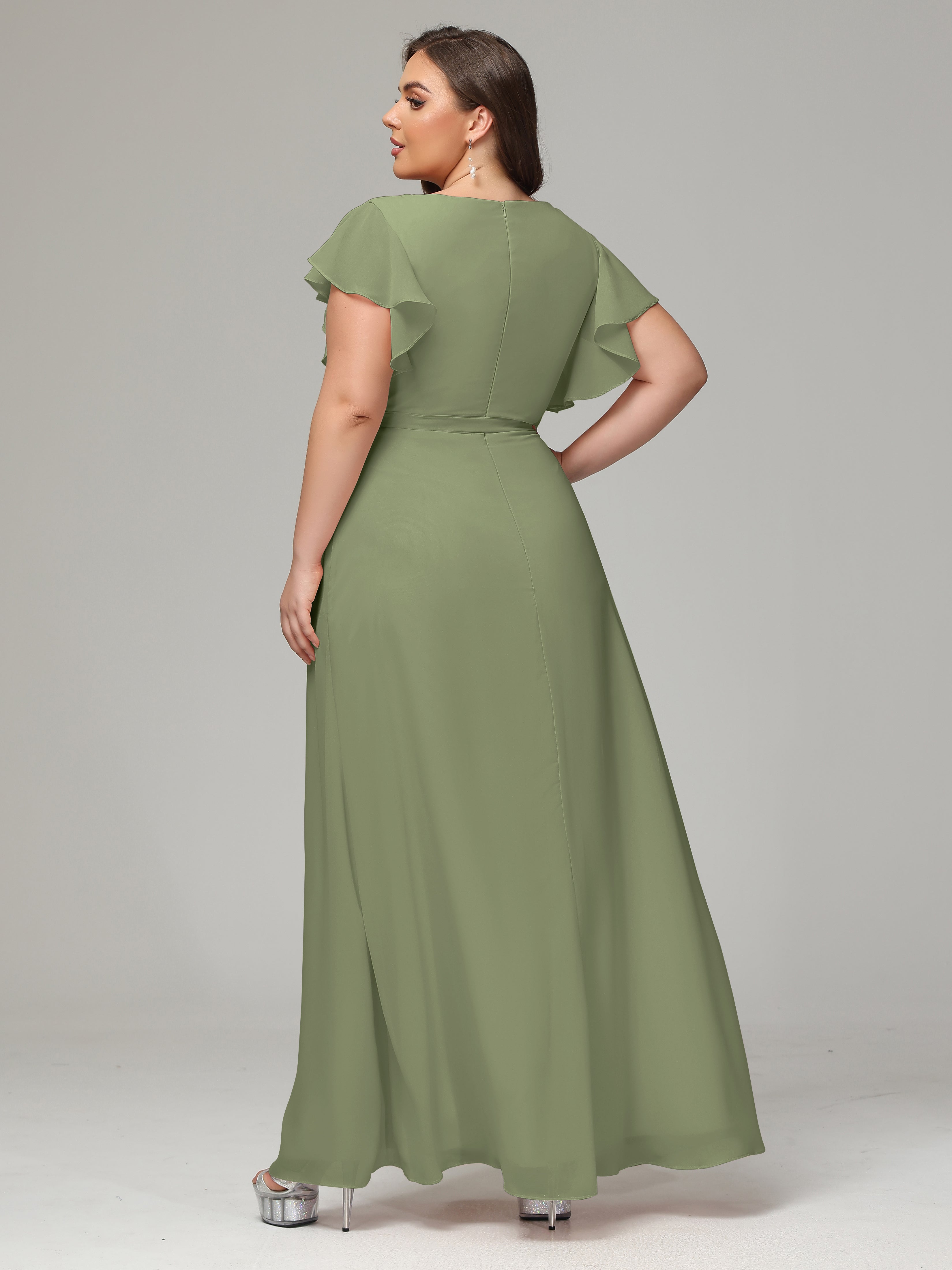 V-neck & Ruffled Sleeves Chiffon Bridesmaid Dress Plus Size