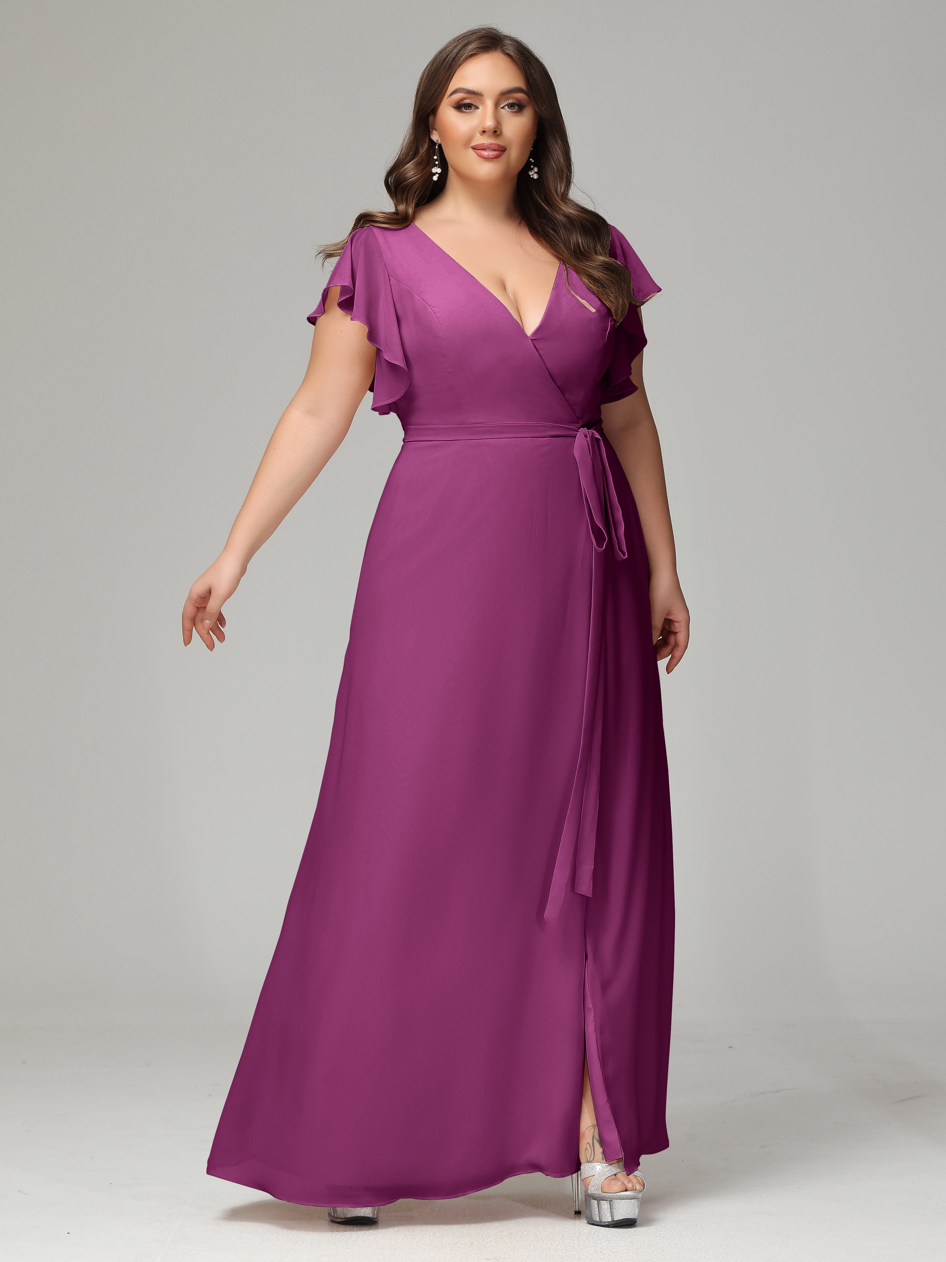 V-neck & Ruffled Sleeves Chiffon Bridesmaid Dress Plus Size