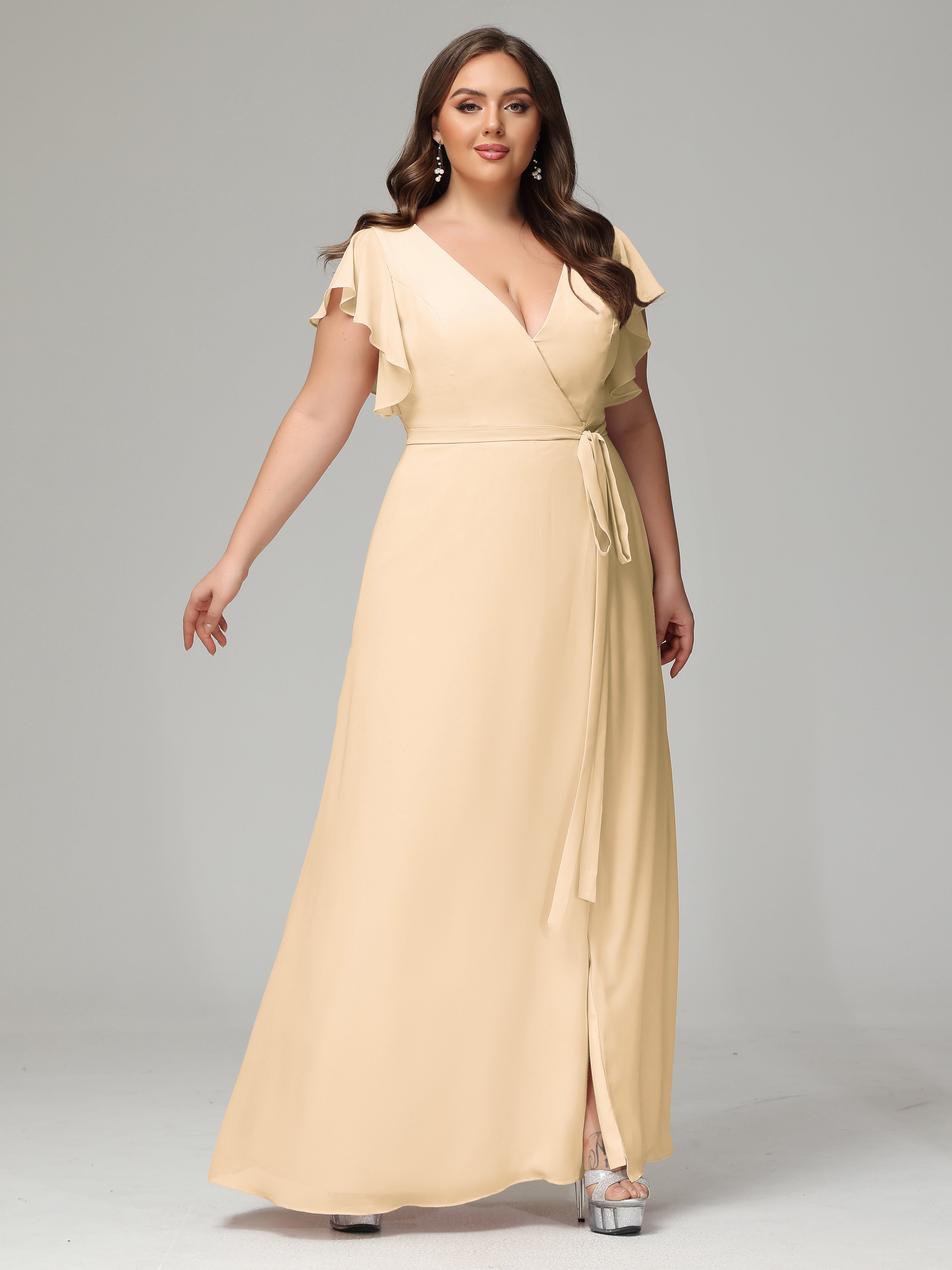 V-neck & Ruffled Sleeves Chiffon Bridesmaid Dress Plus Size