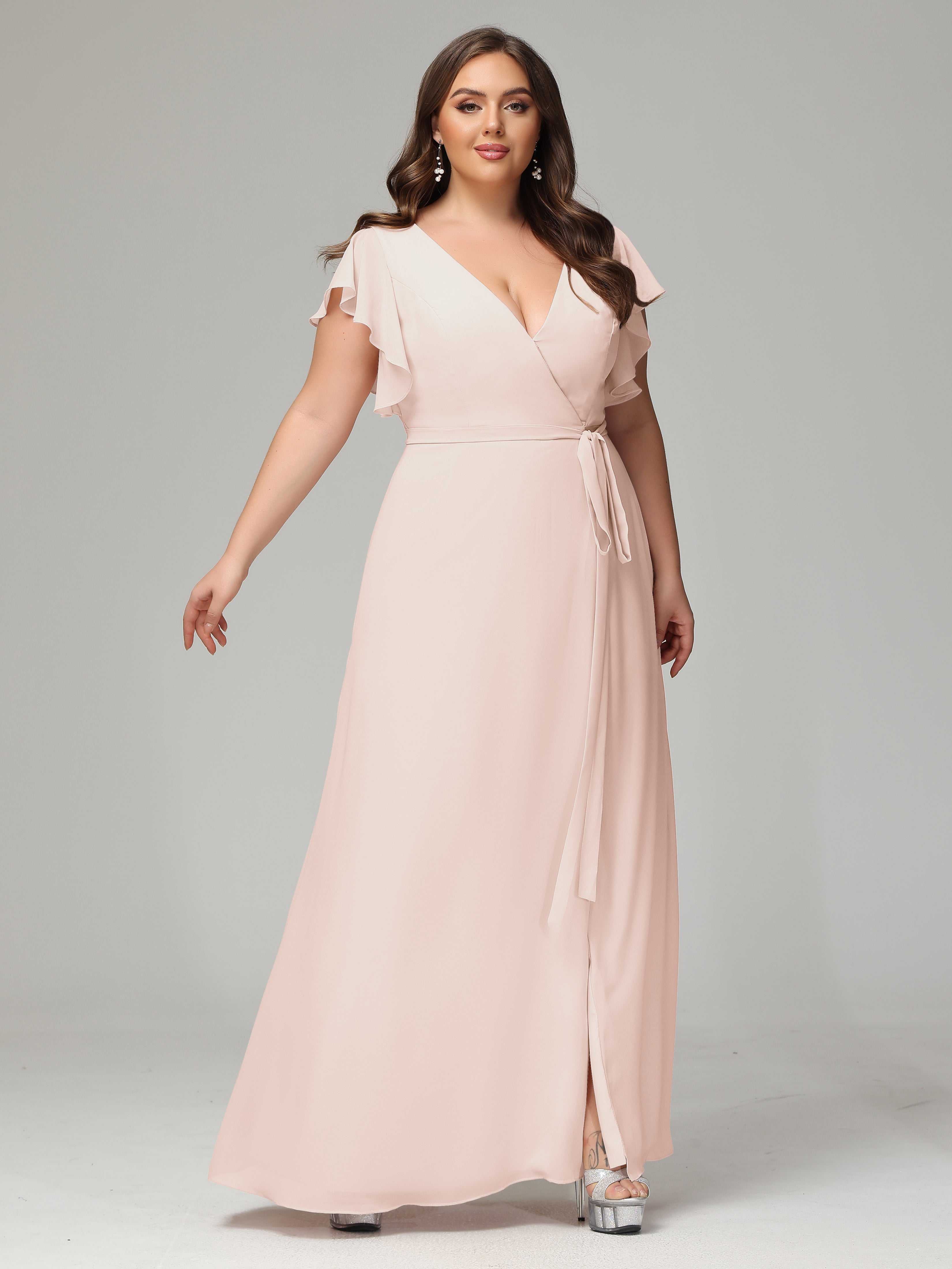 V-neck & Ruffled Sleeves Chiffon Bridesmaid Dress Plus Size