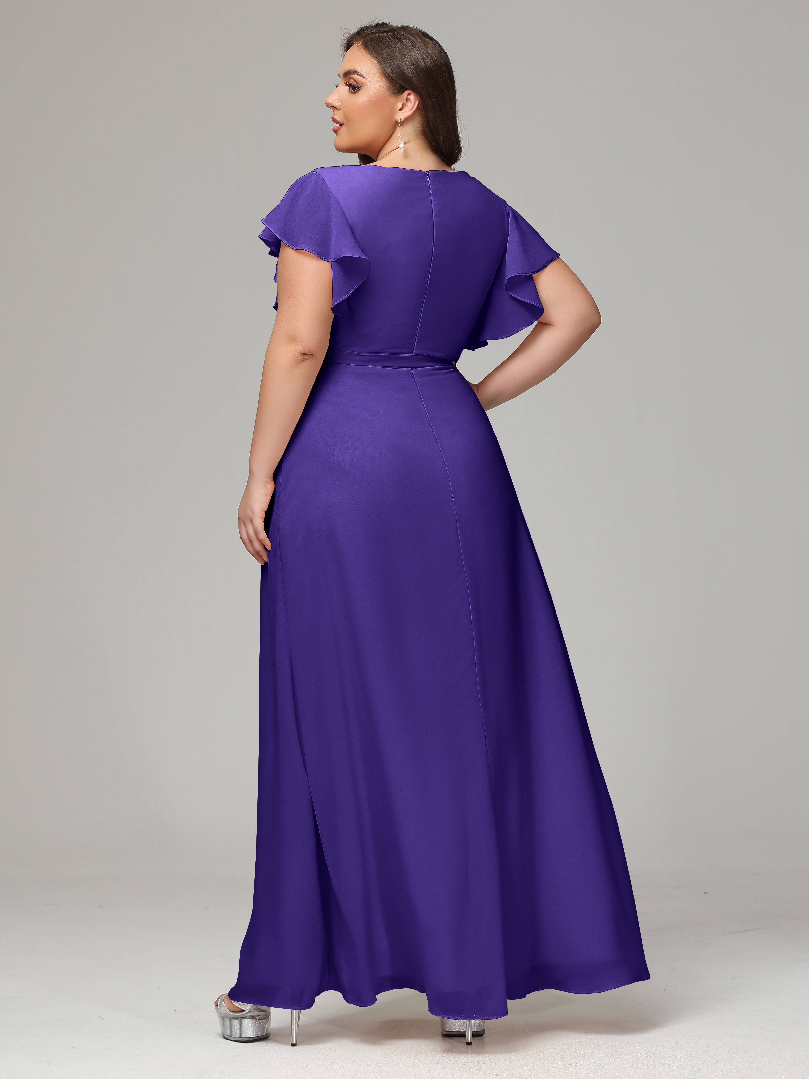 V-neck & Ruffled Sleeves Chiffon Bridesmaid Dress Plus Size