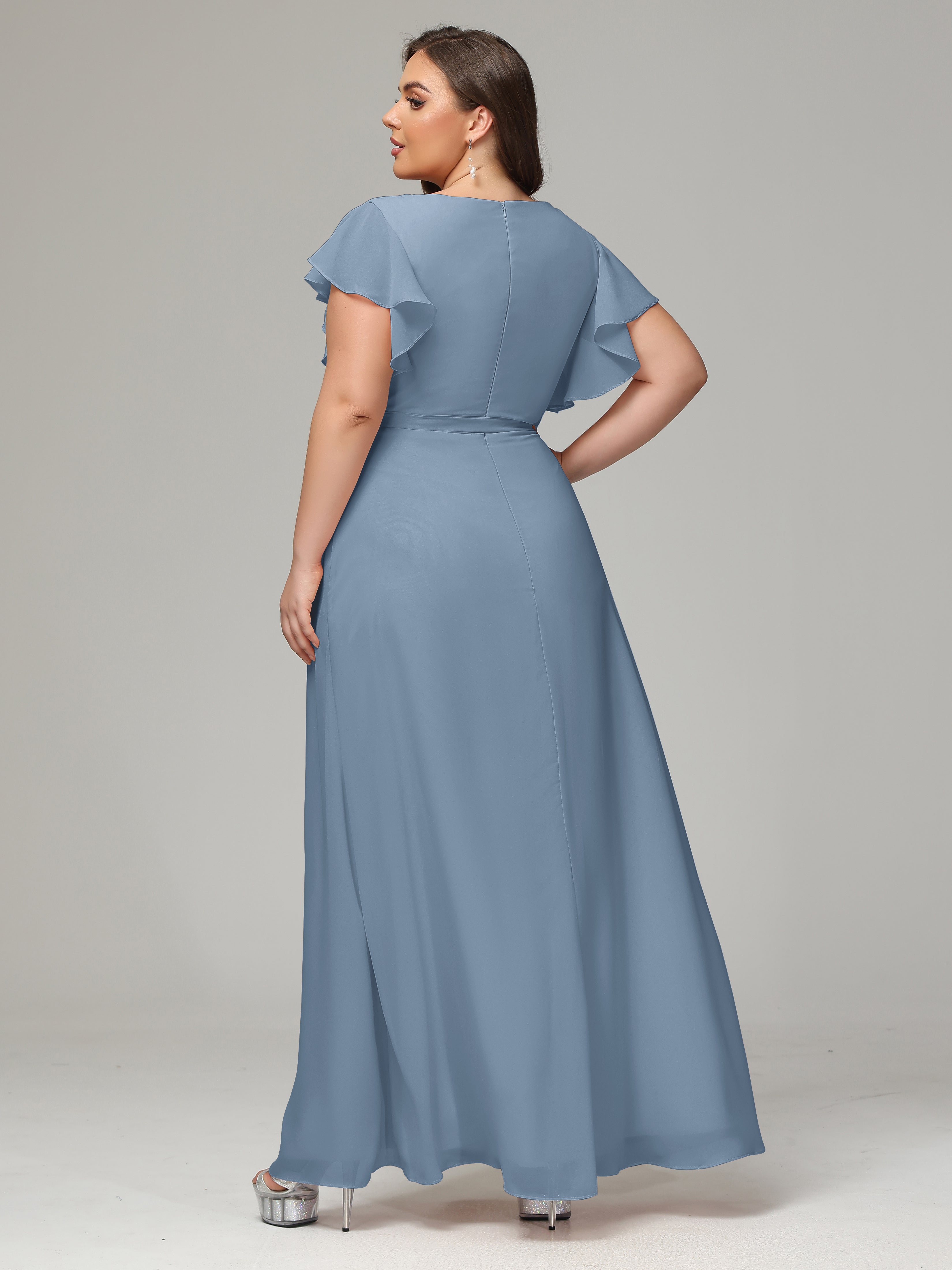 V-neck & Ruffled Sleeves Chiffon Bridesmaid Dress Plus Size