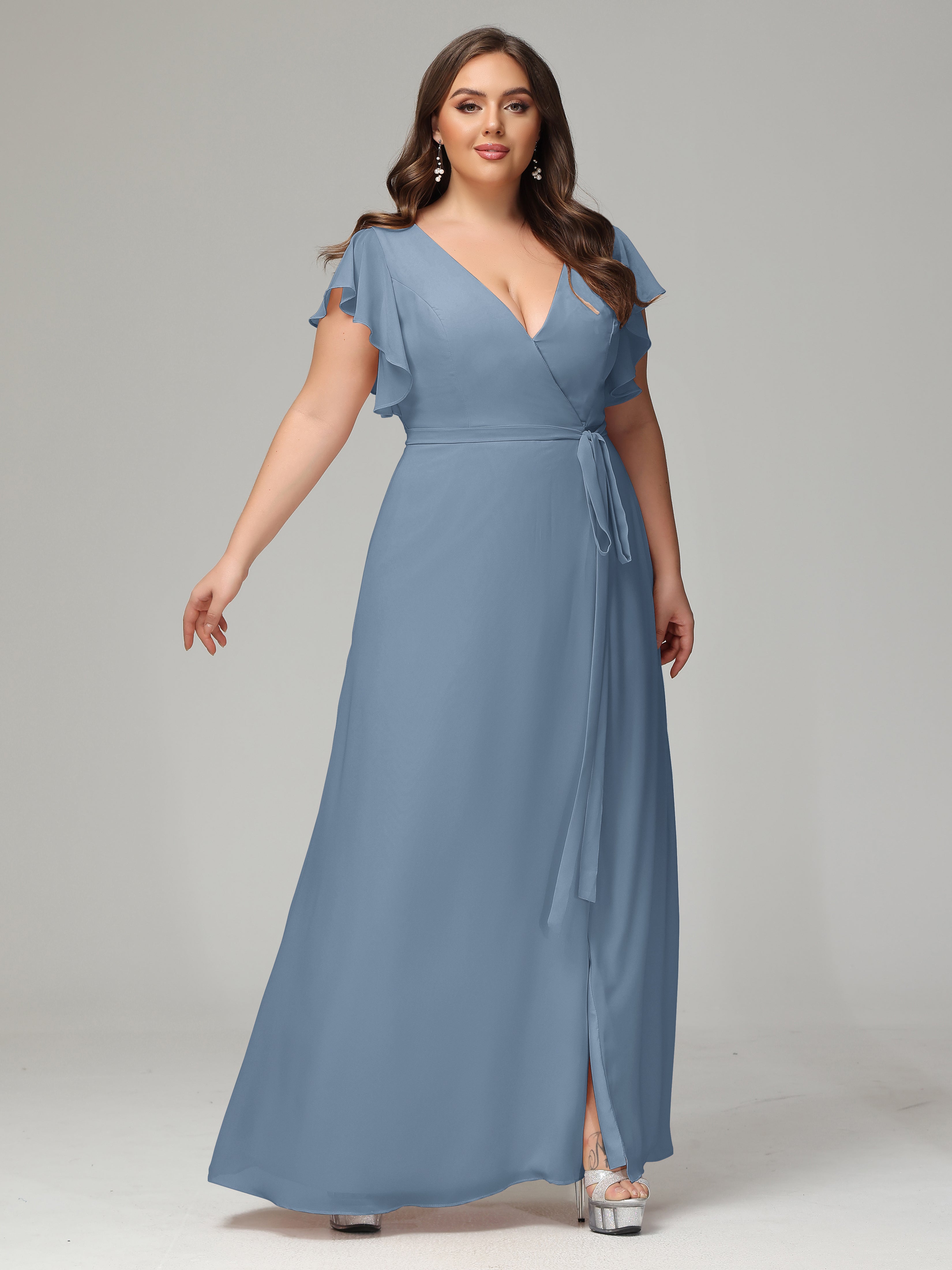 V-neck & Ruffled Sleeves Chiffon Bridesmaid Dress Plus Size