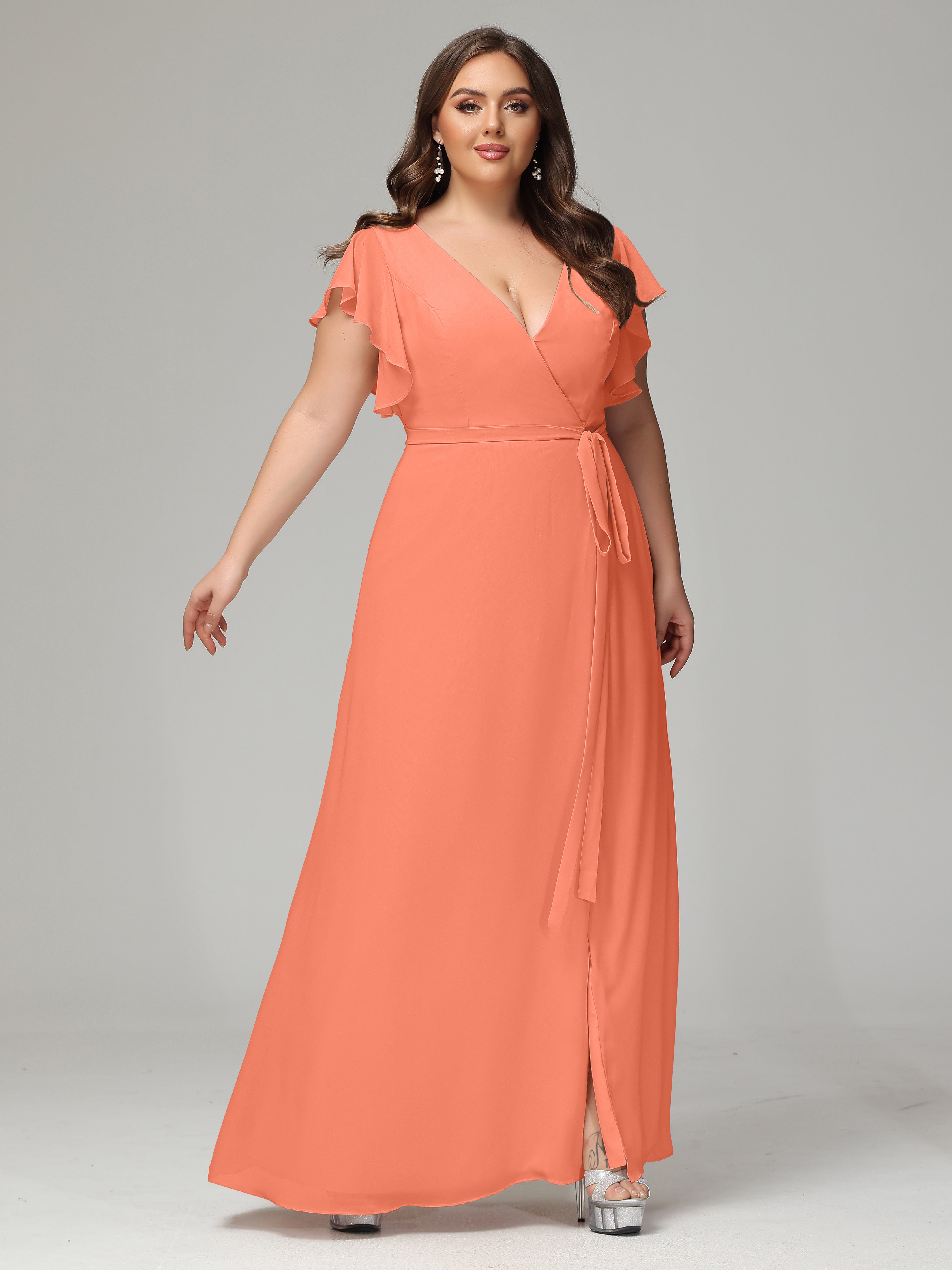 V-neck & Ruffled Sleeves Chiffon Bridesmaid Dress Plus Size