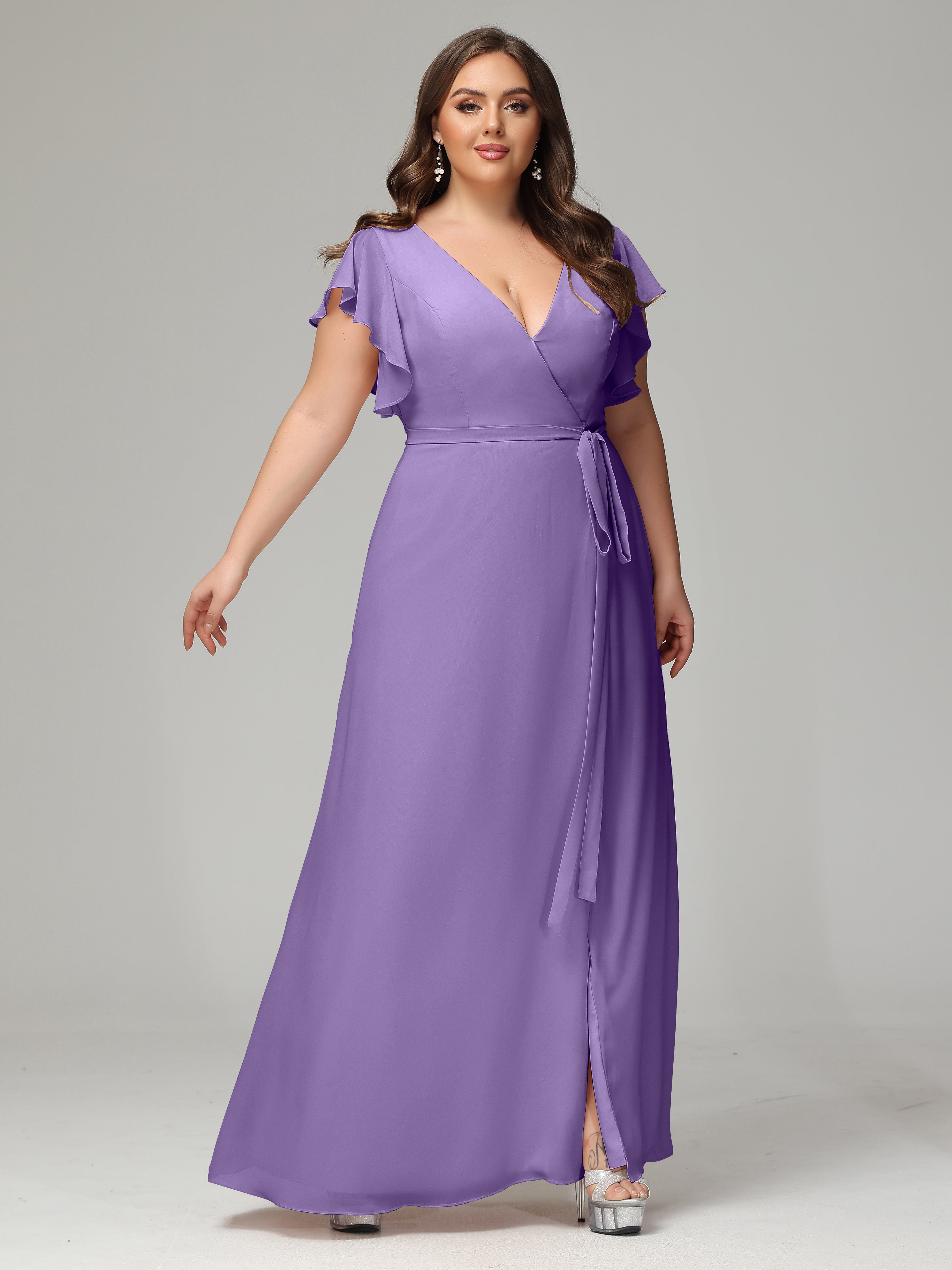 V-neck & Ruffled Sleeves Chiffon Bridesmaid Dress Plus Size