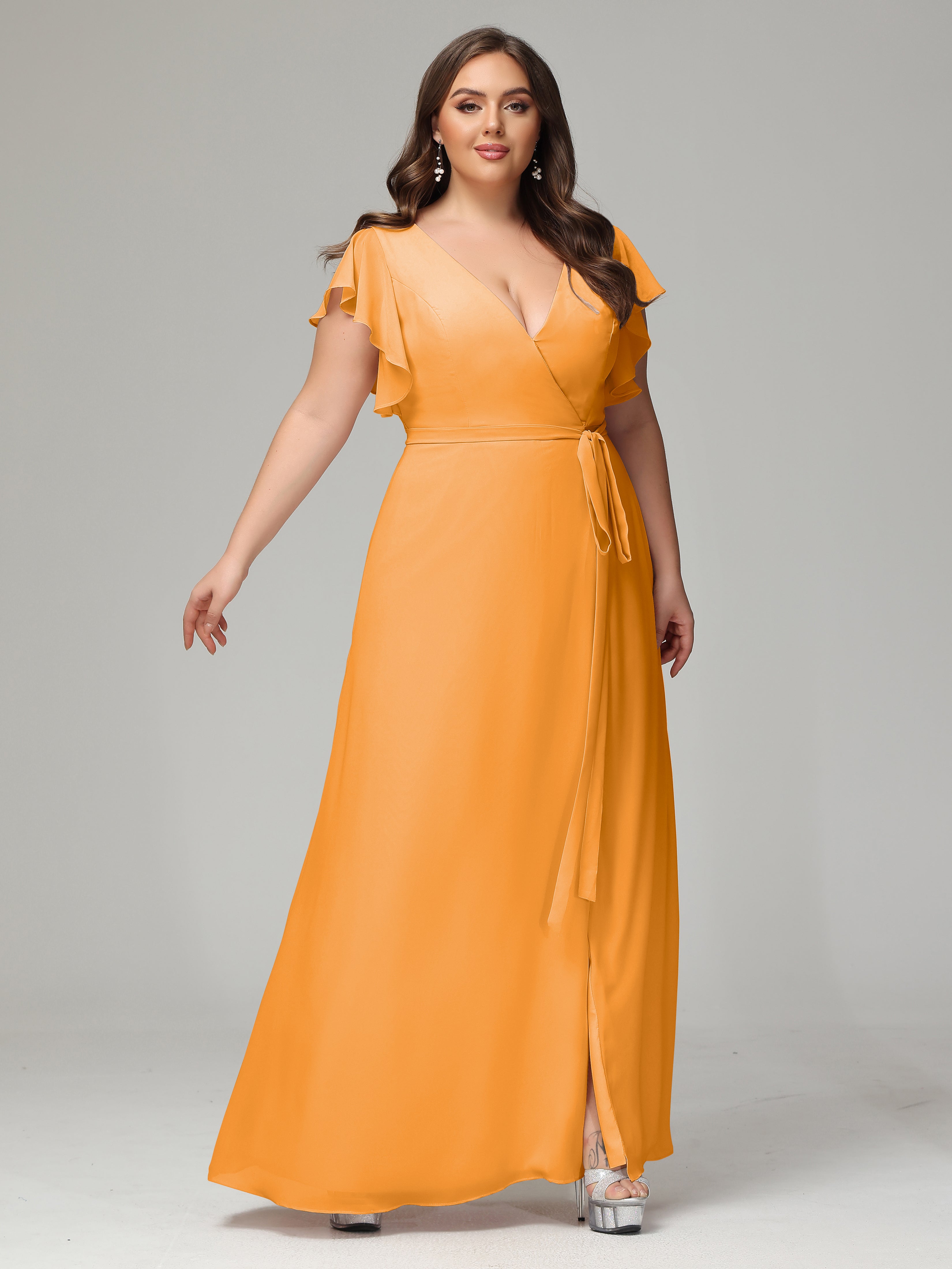 V-neck & Ruffled Sleeves Chiffon Bridesmaid Dress Plus Size