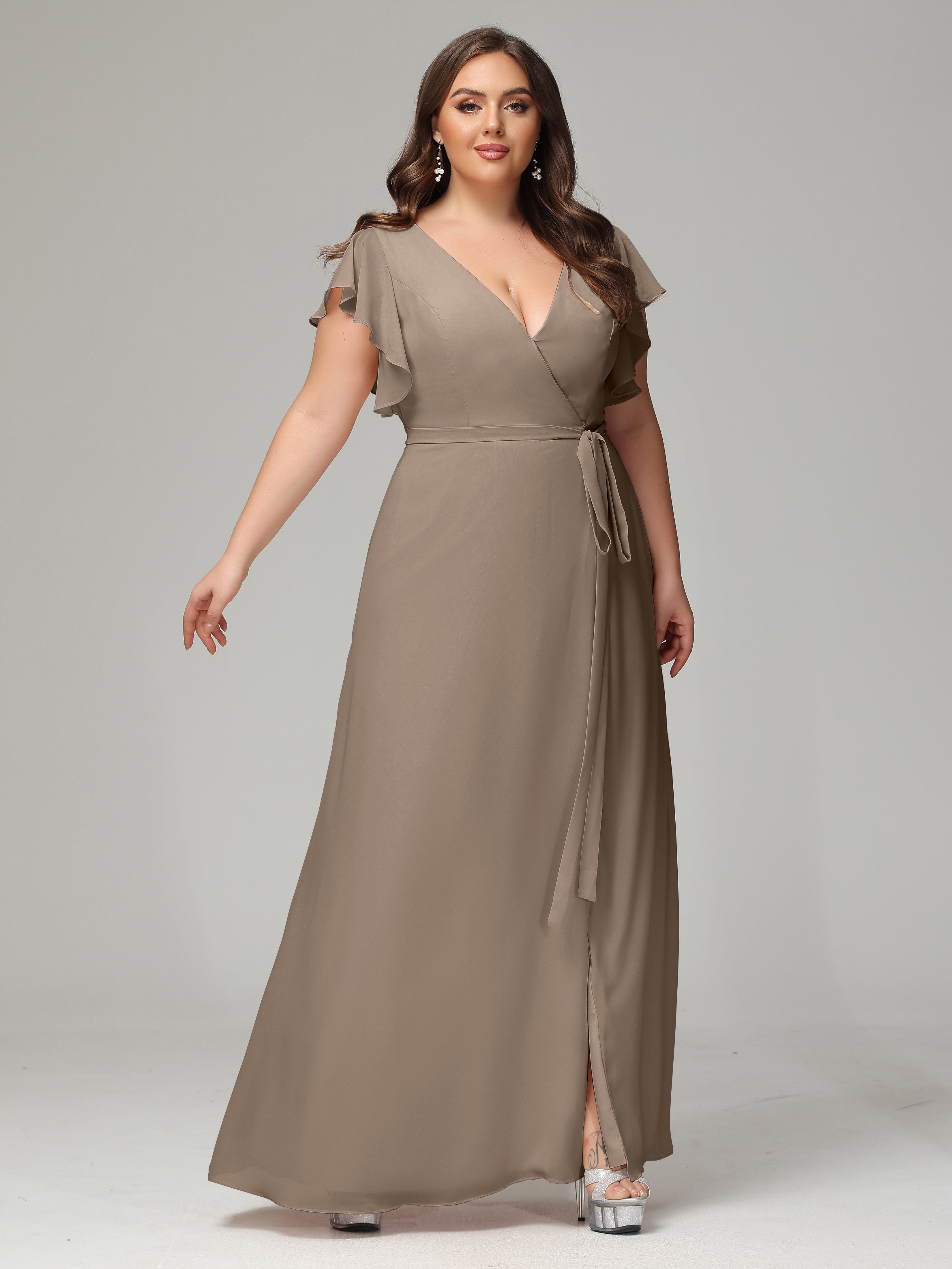 V-neck & Ruffled Sleeves Chiffon Bridesmaid Dress Plus Size