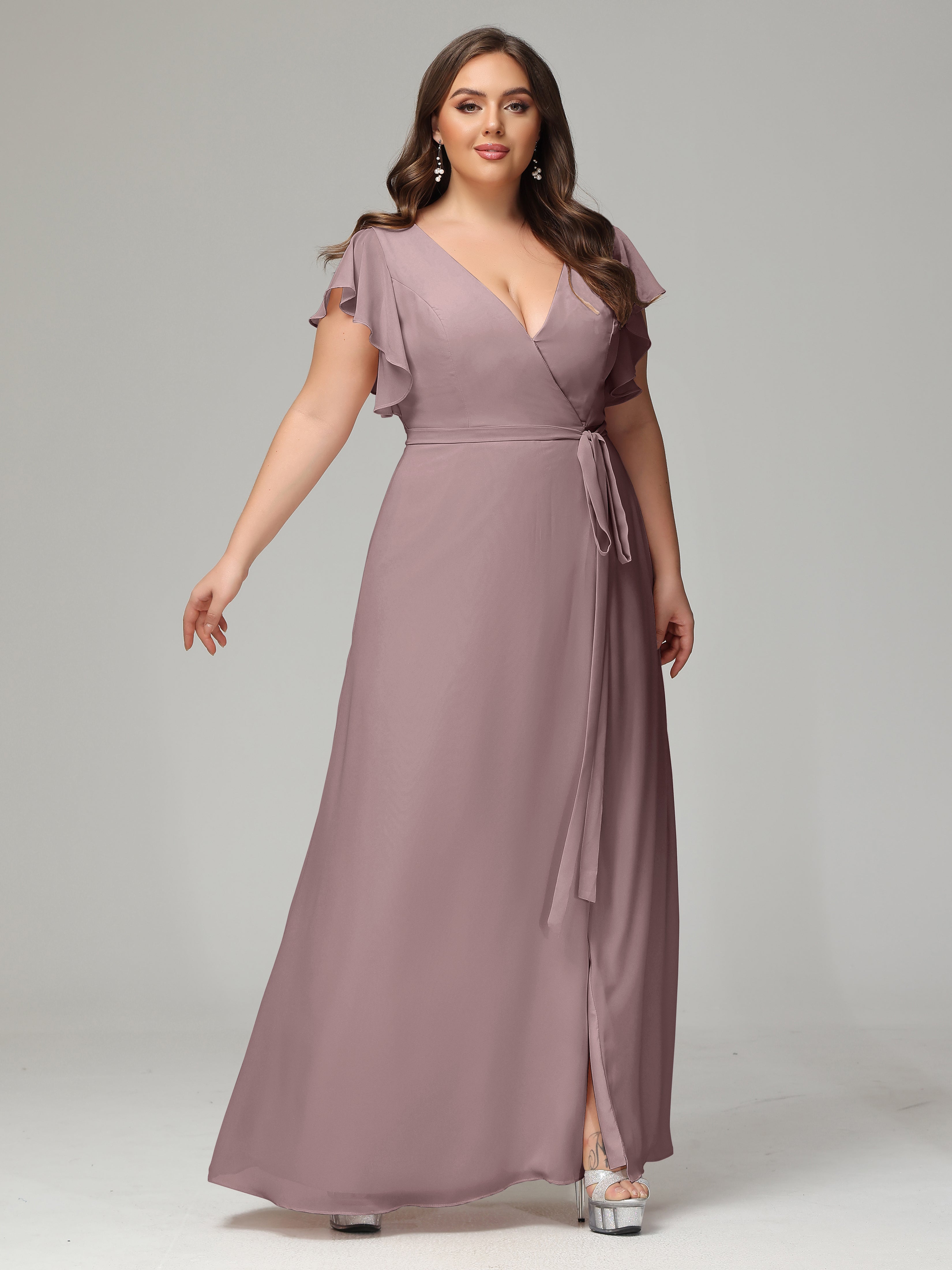 V-neck & Ruffled Sleeves Chiffon Bridesmaid Dress Plus Size