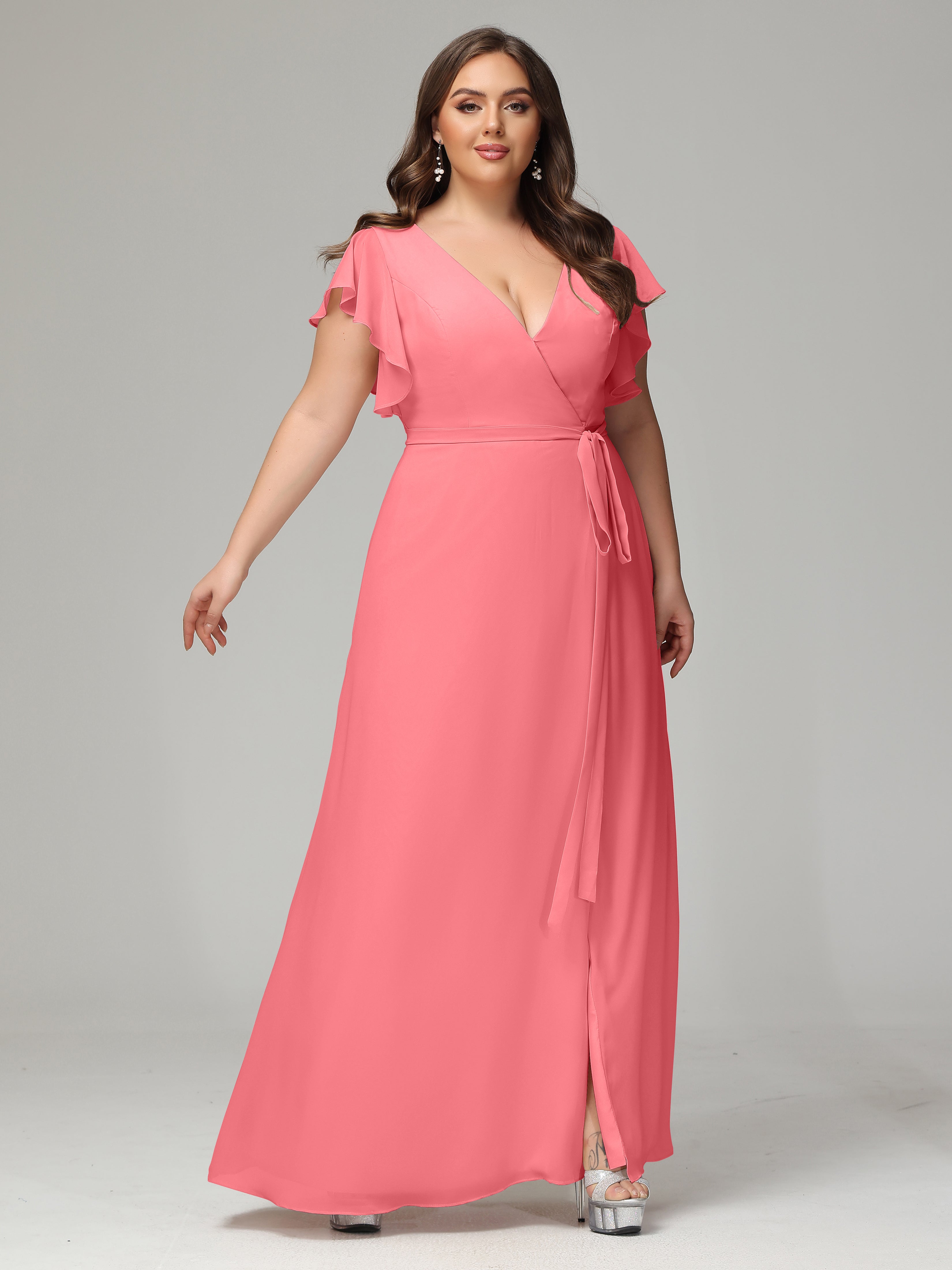 V-neck & Ruffled Sleeves Chiffon Bridesmaid Dress Plus Size