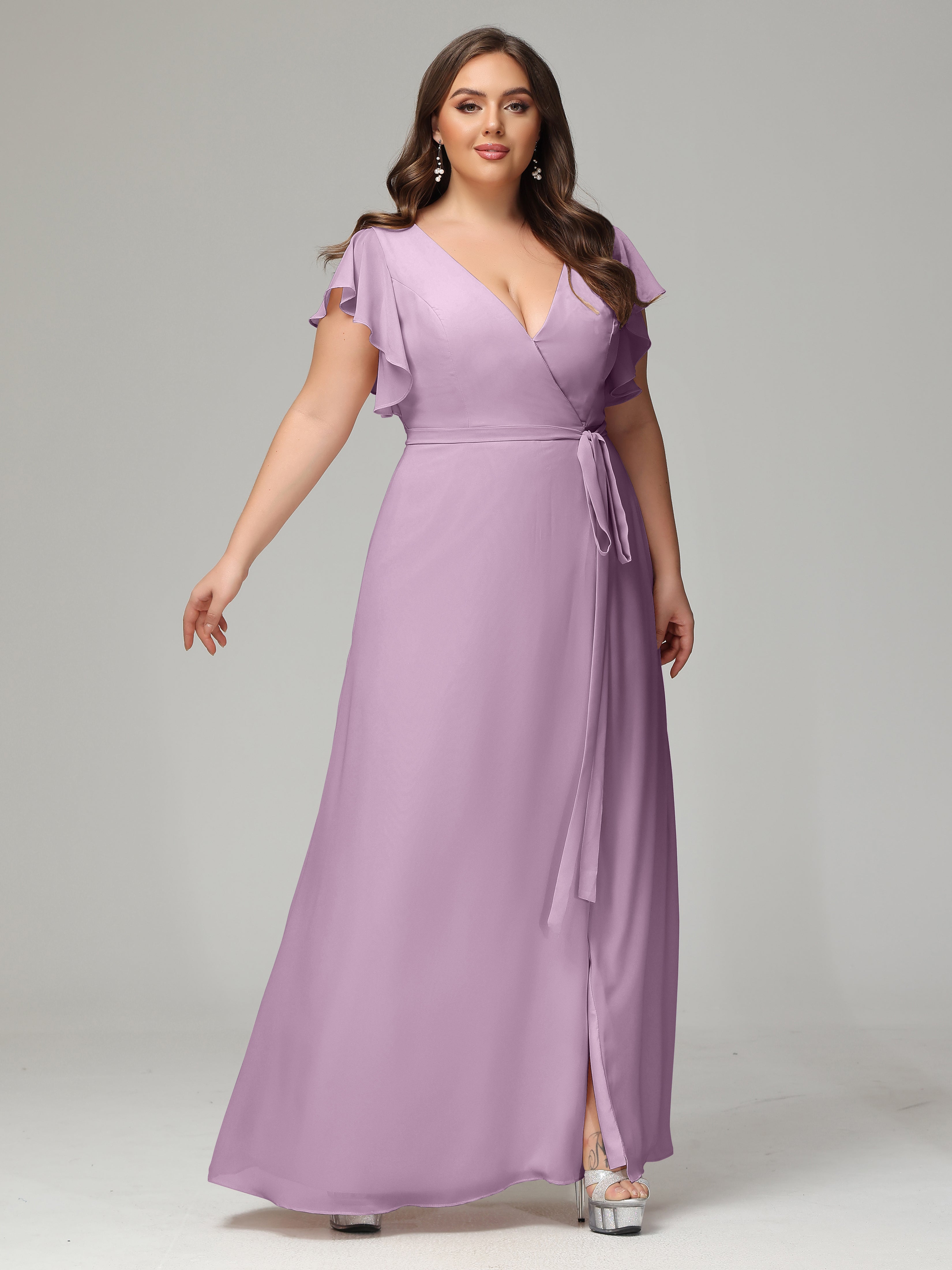 V-neck & Ruffled Sleeves Chiffon Bridesmaid Dress Plus Size