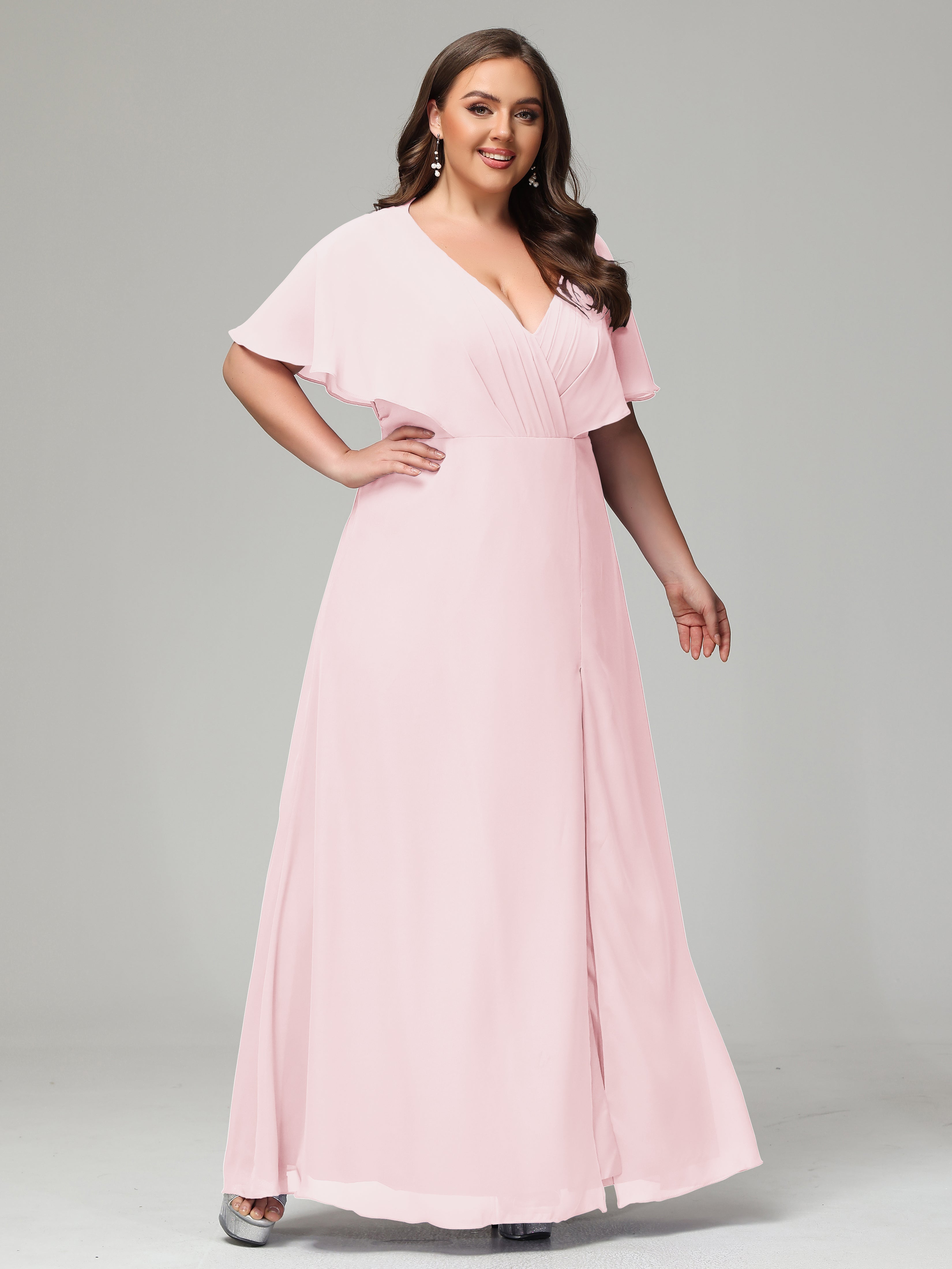 V-Neck Short Sleeves Plus Size Chiffon Bridesmaid Dresses