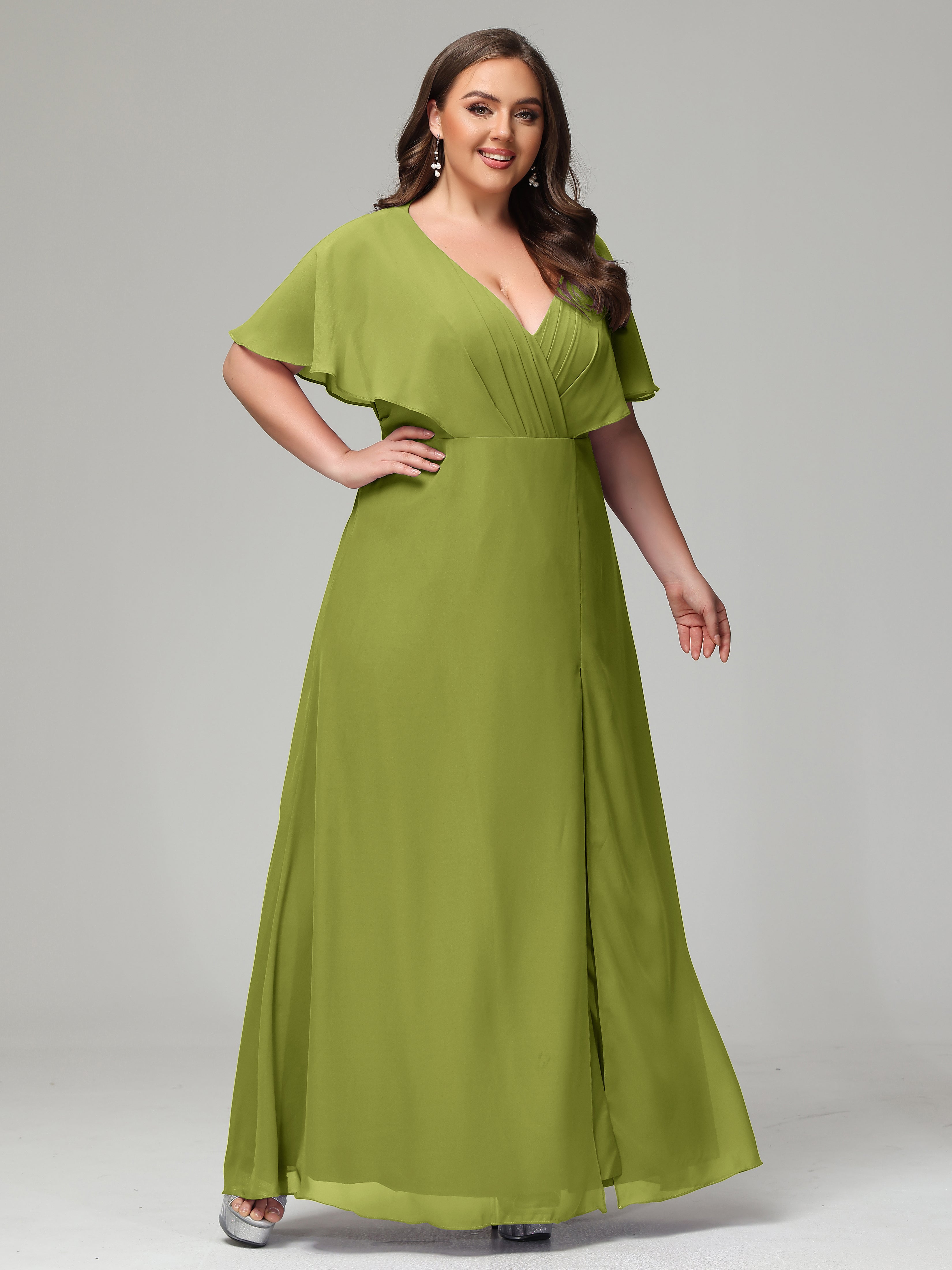 V-Neck Short Sleeves Plus Size Chiffon Bridesmaid Dresses