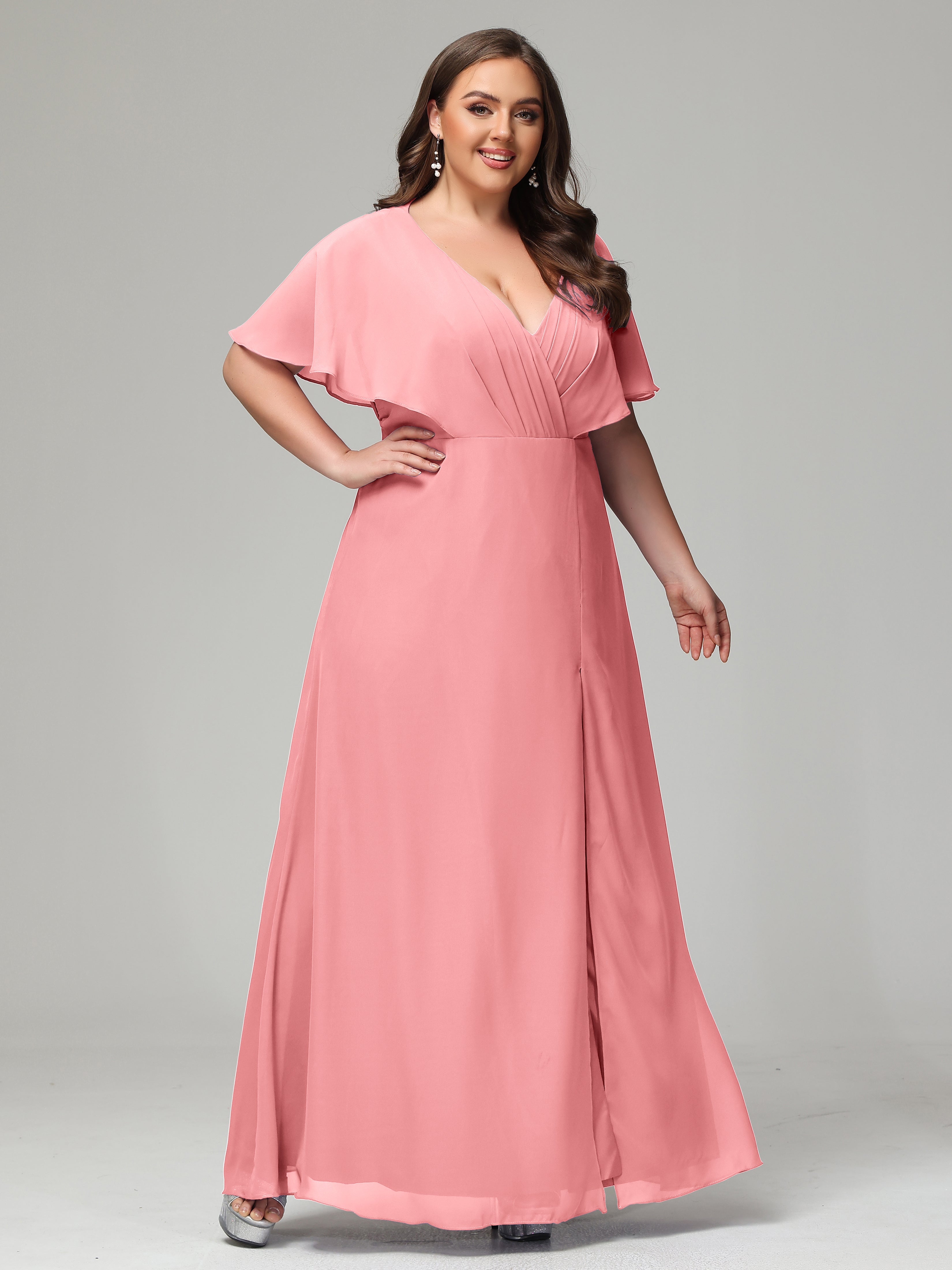 V-Neck Short Sleeves Plus Size Chiffon Bridesmaid Dresses