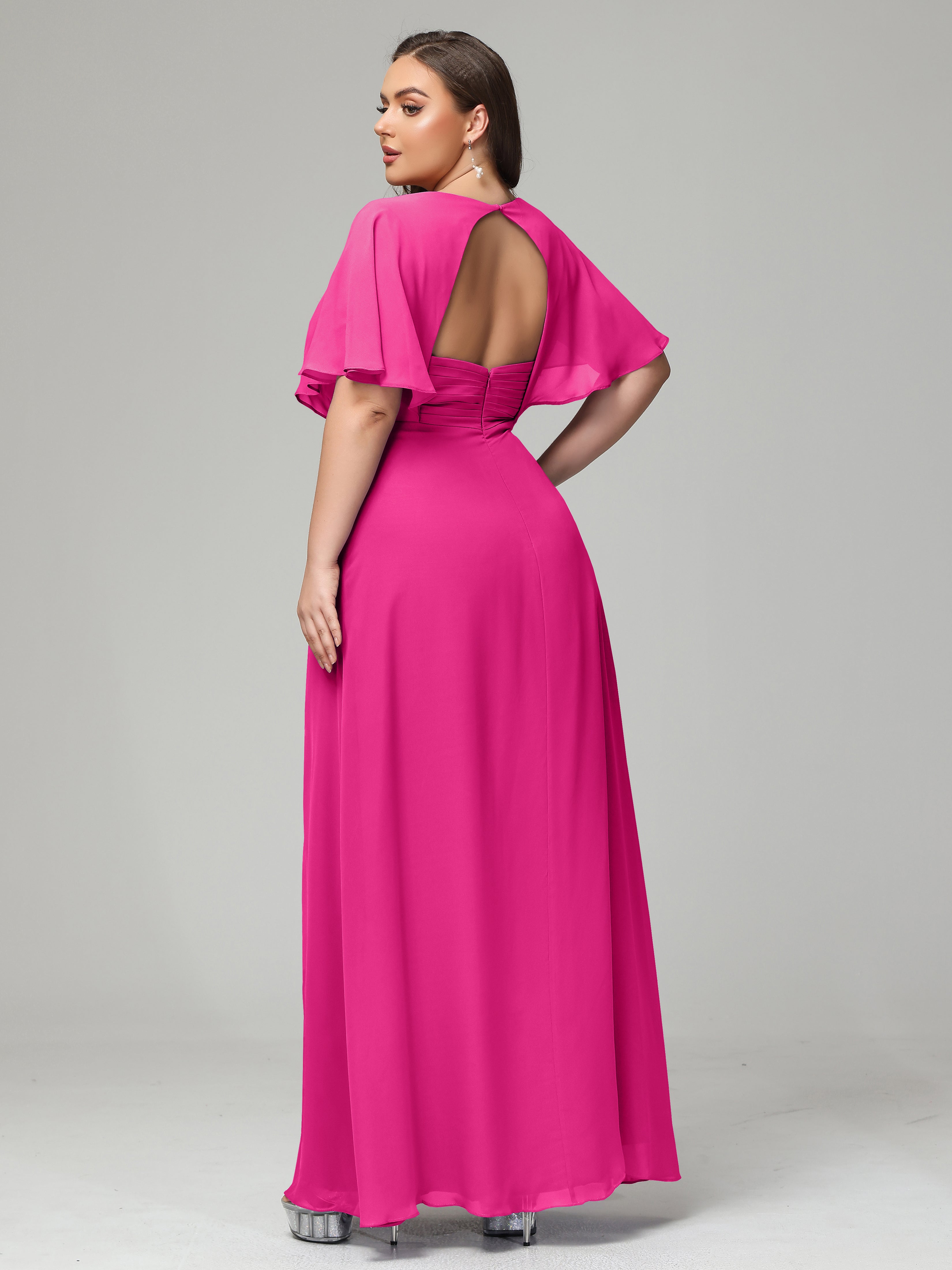 V-Neck Short Sleeves Plus Size Chiffon Bridesmaid Dresses