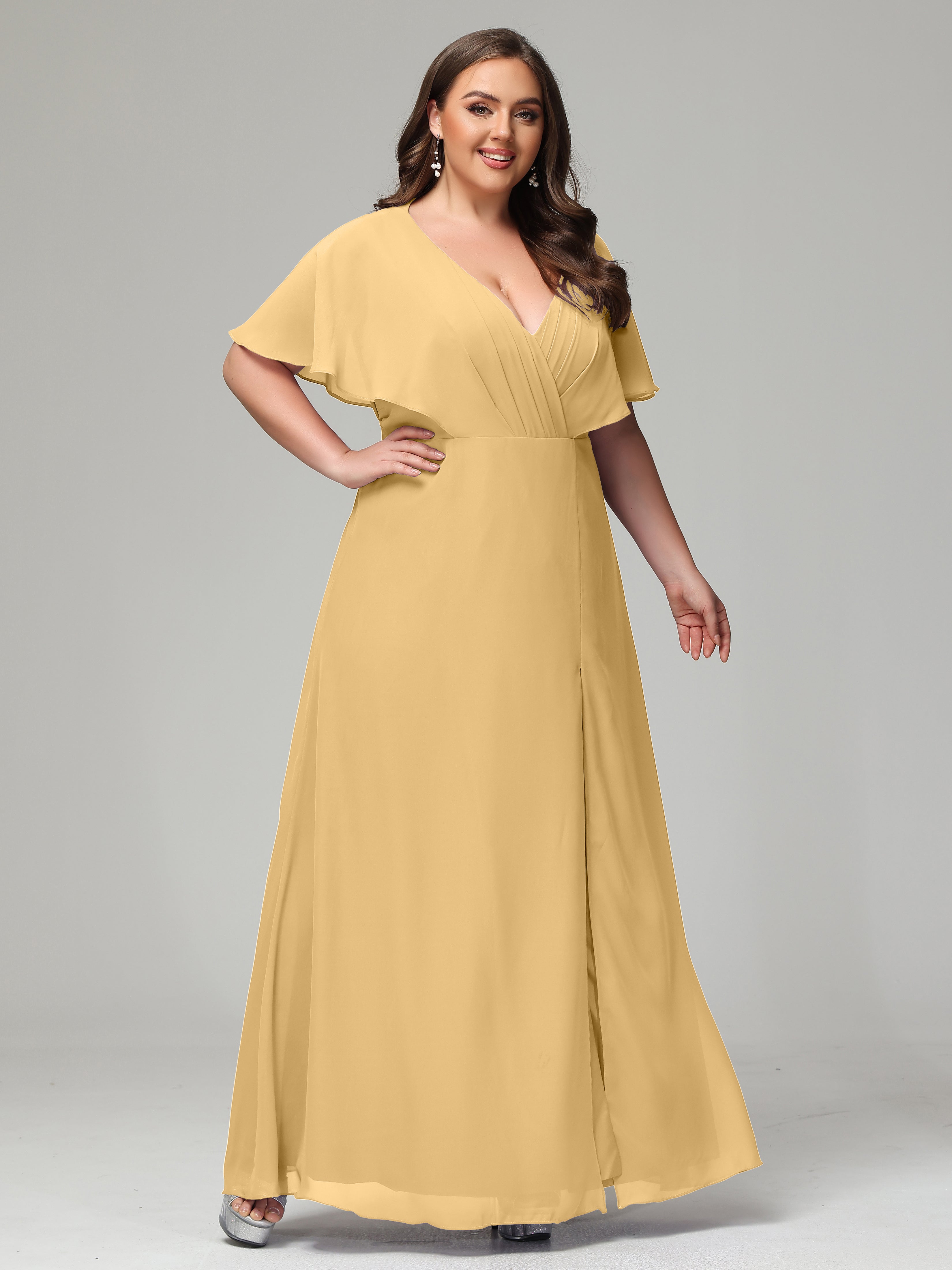 V-Neck Short Sleeves Plus Size Chiffon Bridesmaid Dresses