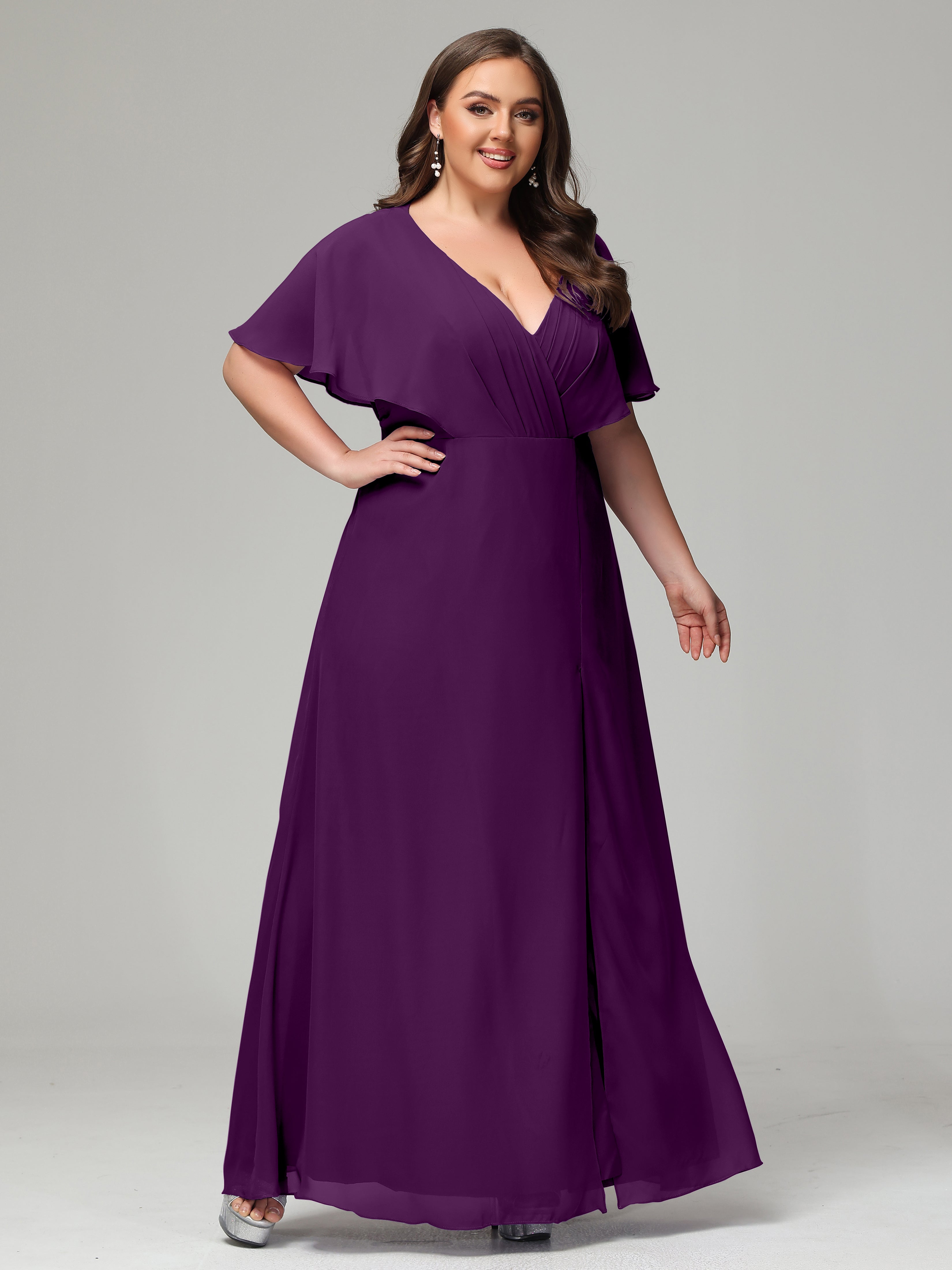 V-Neck Short Sleeves Plus Size Chiffon Bridesmaid Dresses