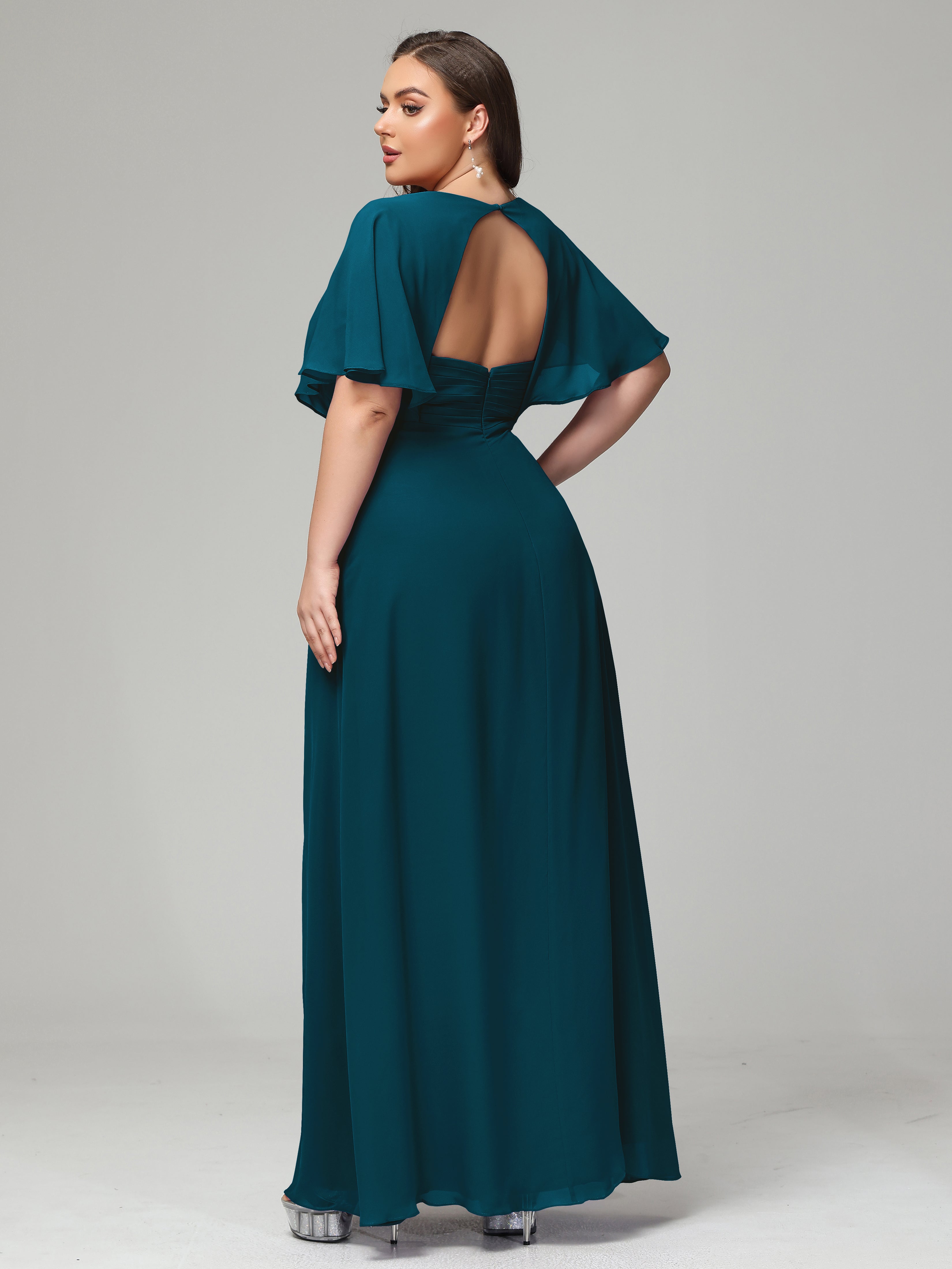 V-Neck Short Sleeves Plus Size Chiffon Bridesmaid Dresses