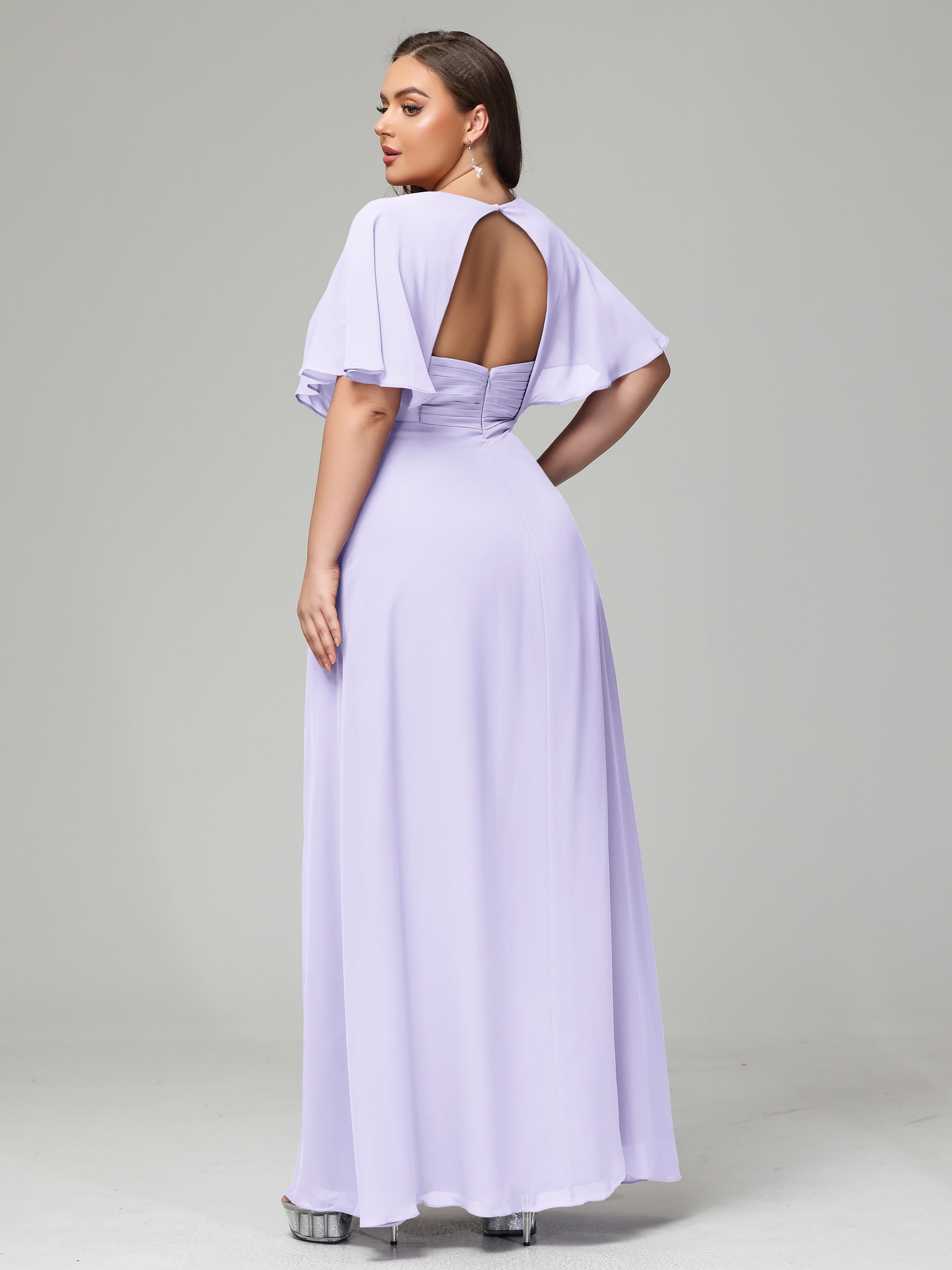 V-Neck Short Sleeves Plus Size Chiffon Bridesmaid Dresses