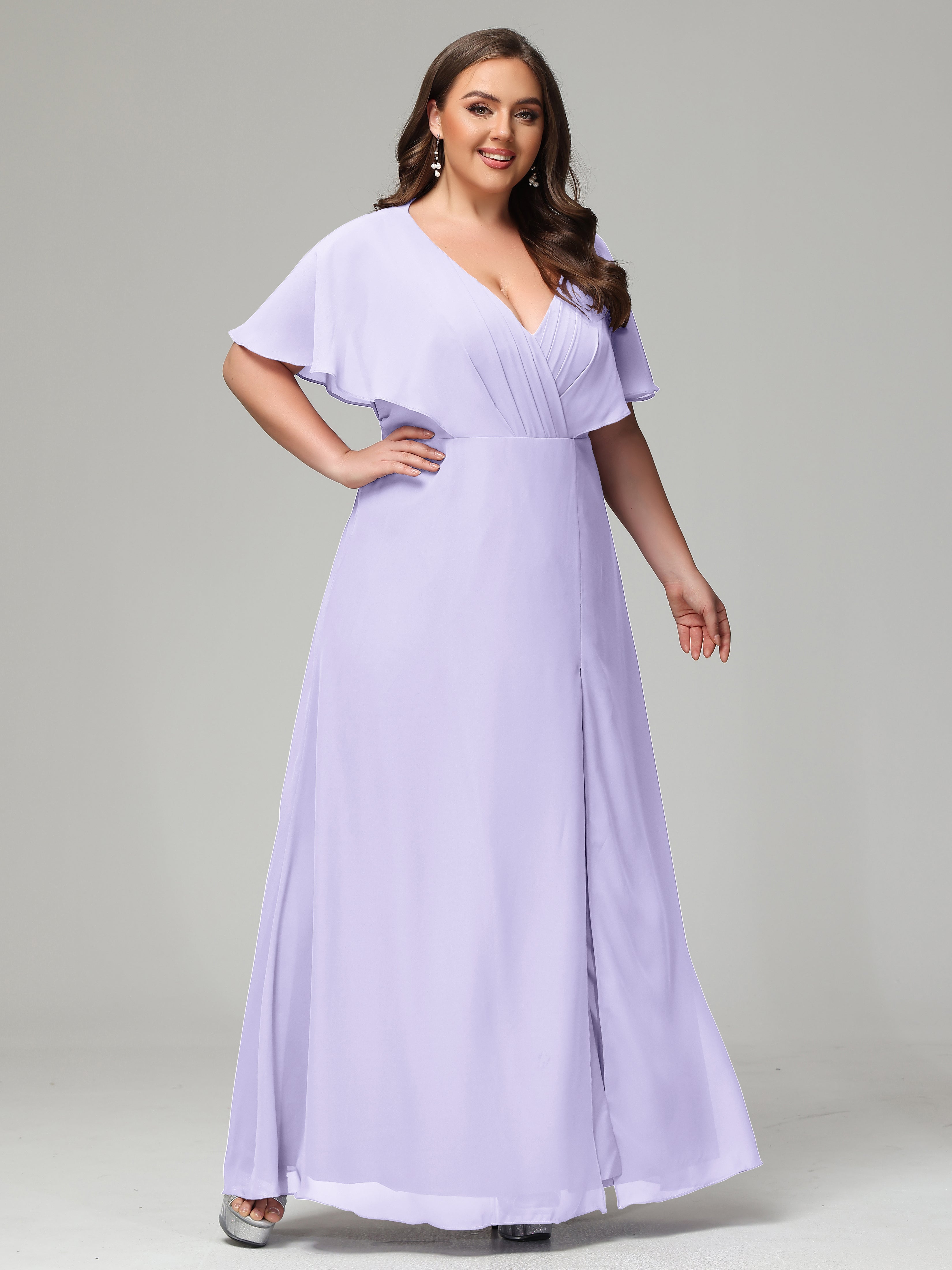 V-Neck Short Sleeves Plus Size Chiffon Bridesmaid Dresses