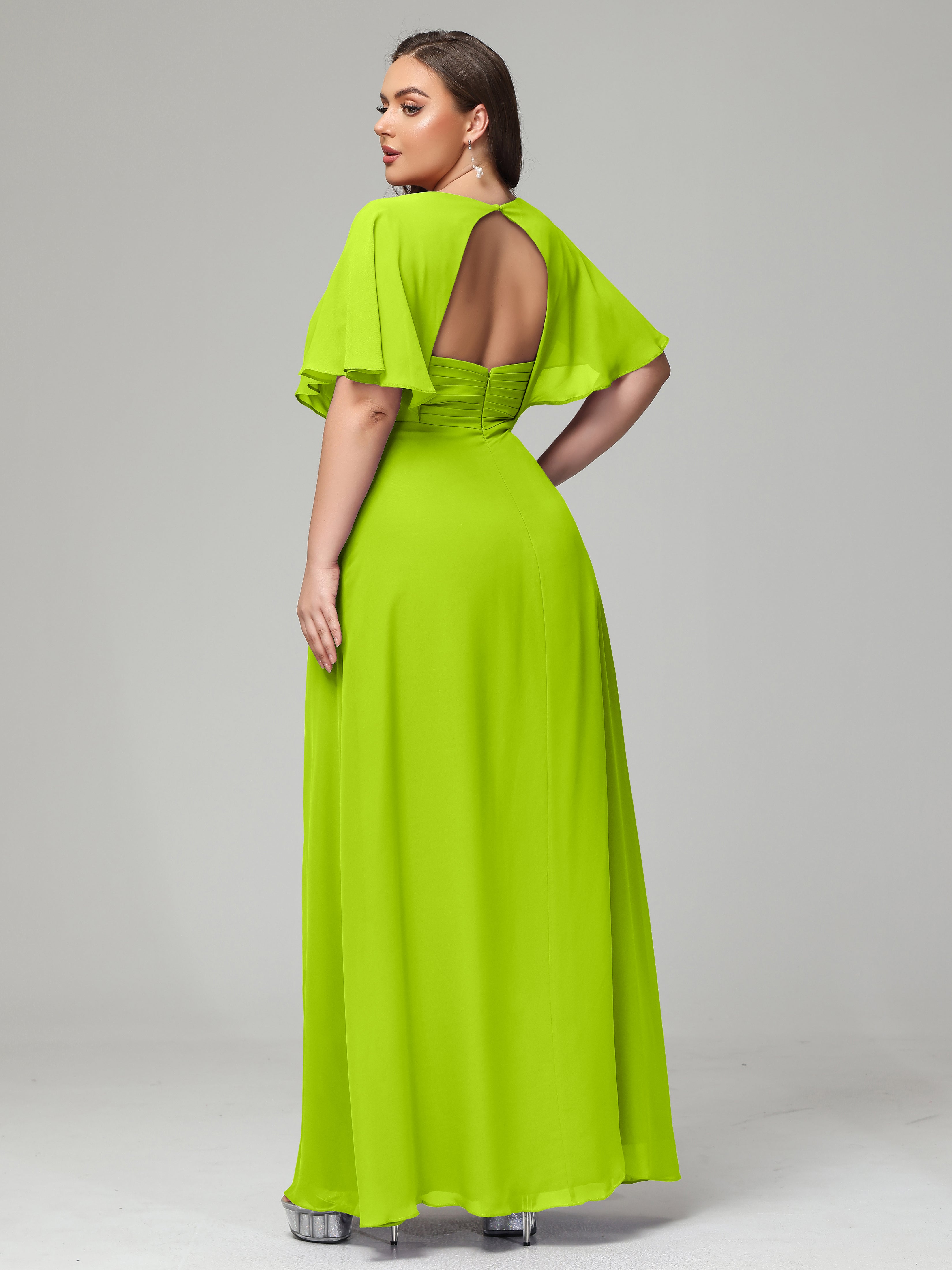 V-Neck Short Sleeves Plus Size Chiffon Bridesmaid Dresses