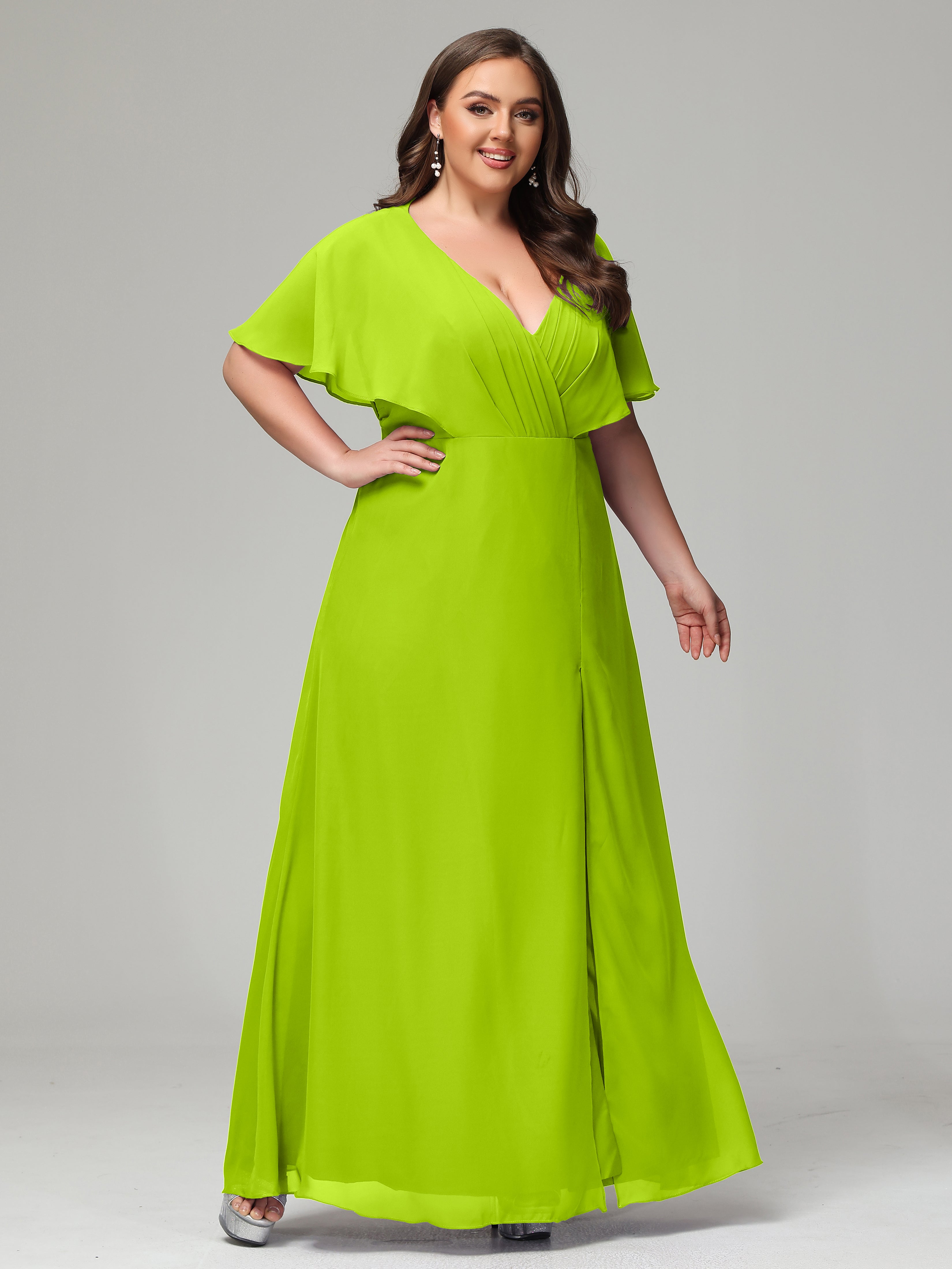 V-Neck Short Sleeves Plus Size Chiffon Bridesmaid Dresses