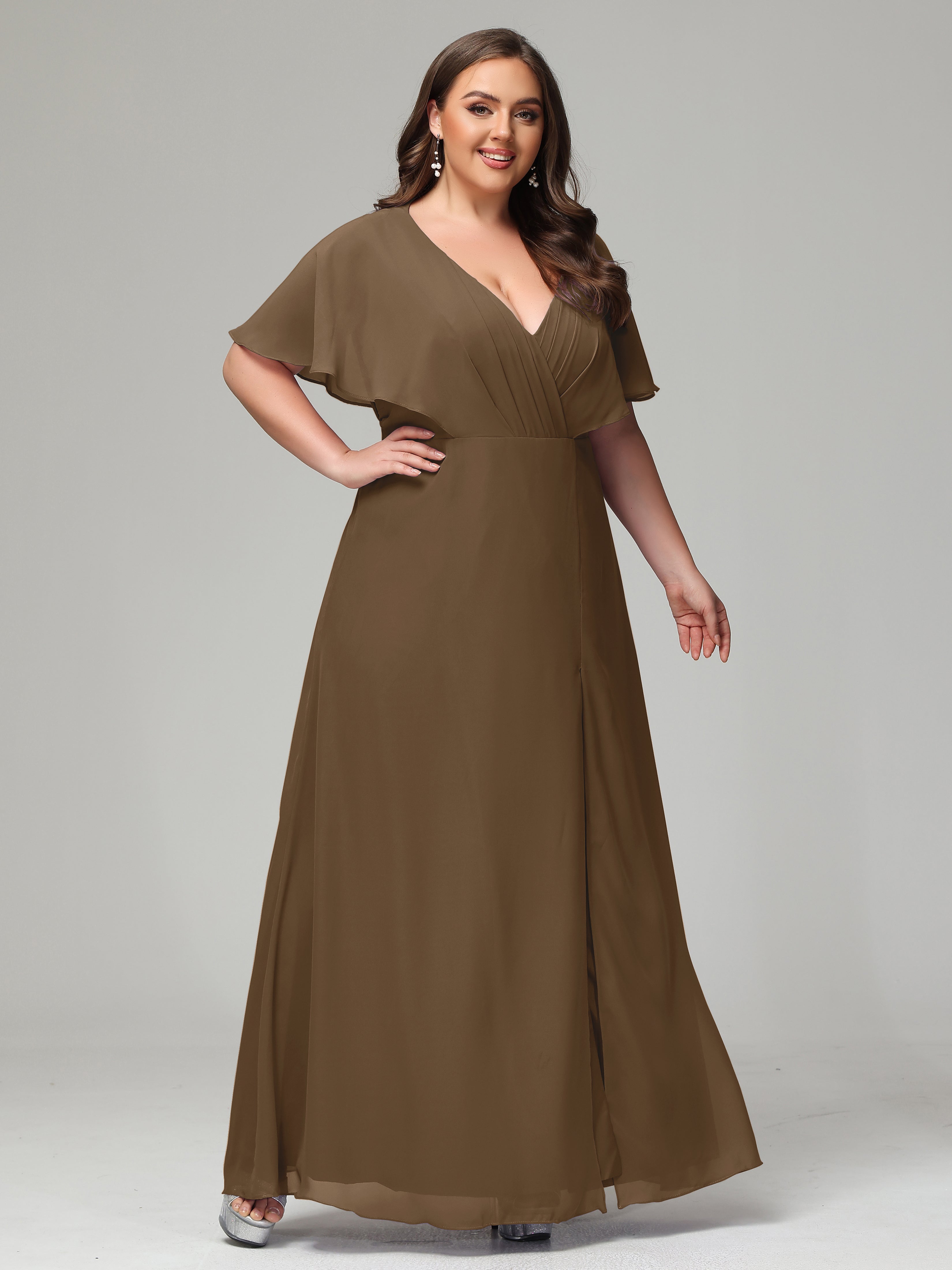 V-Neck Short Sleeves Plus Size Chiffon Bridesmaid Dresses