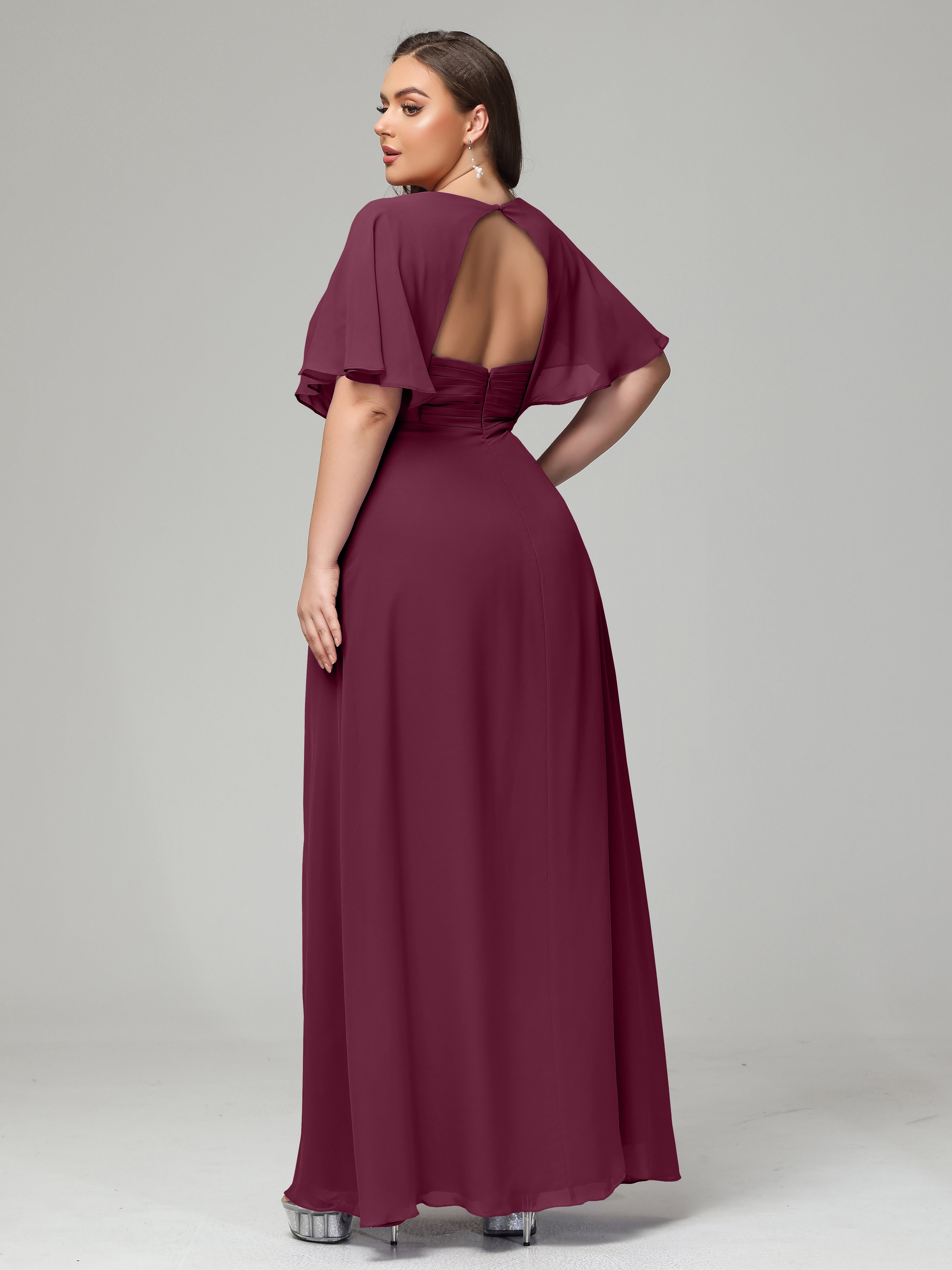 V-Neck Short Sleeves Plus Size Chiffon Bridesmaid Dresses